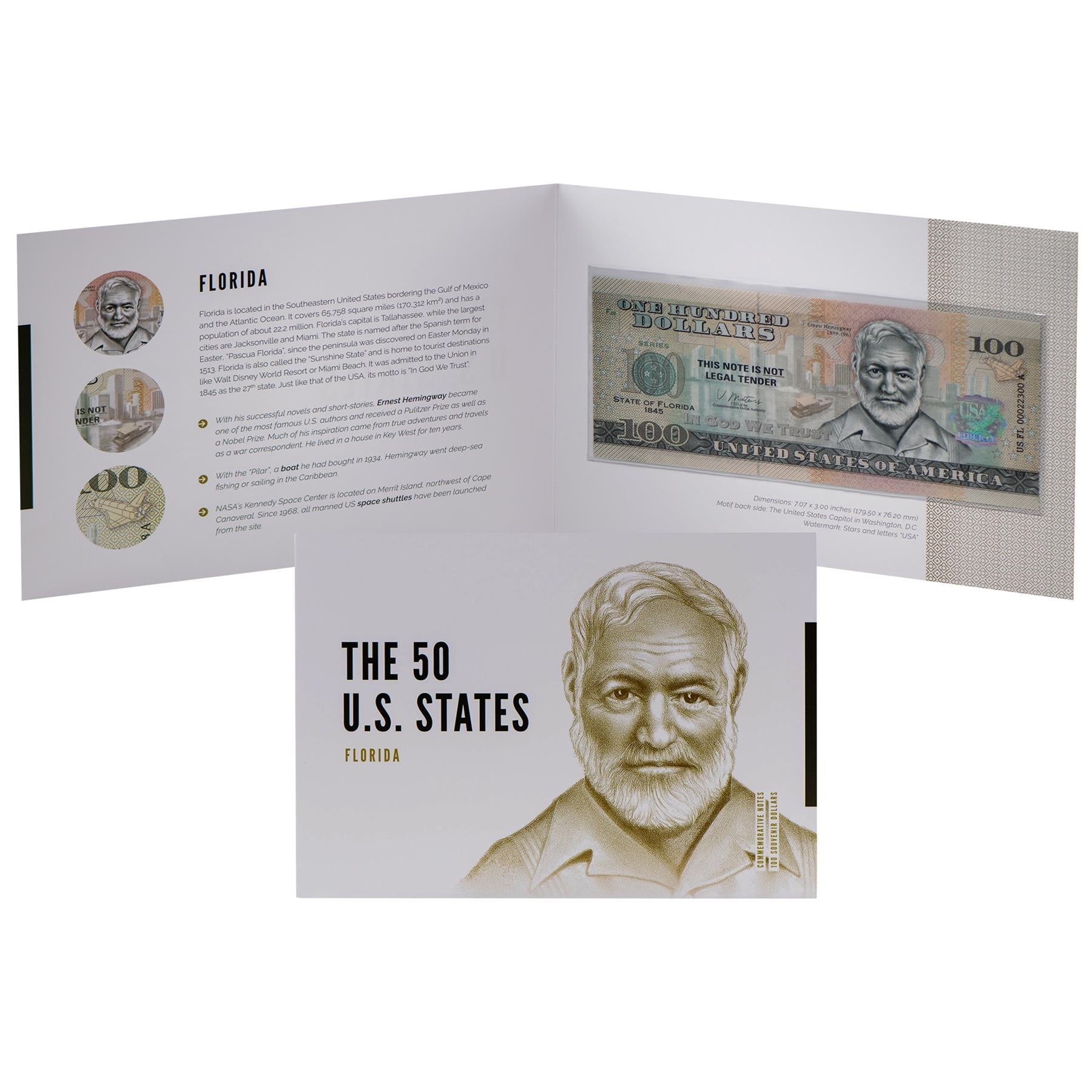 USA 100 Dollar Note | Florida Commemorative Souvenir | Ernest Hemingway Portrait | Pilar Boat Drawing | The 50 U.S. States Edition