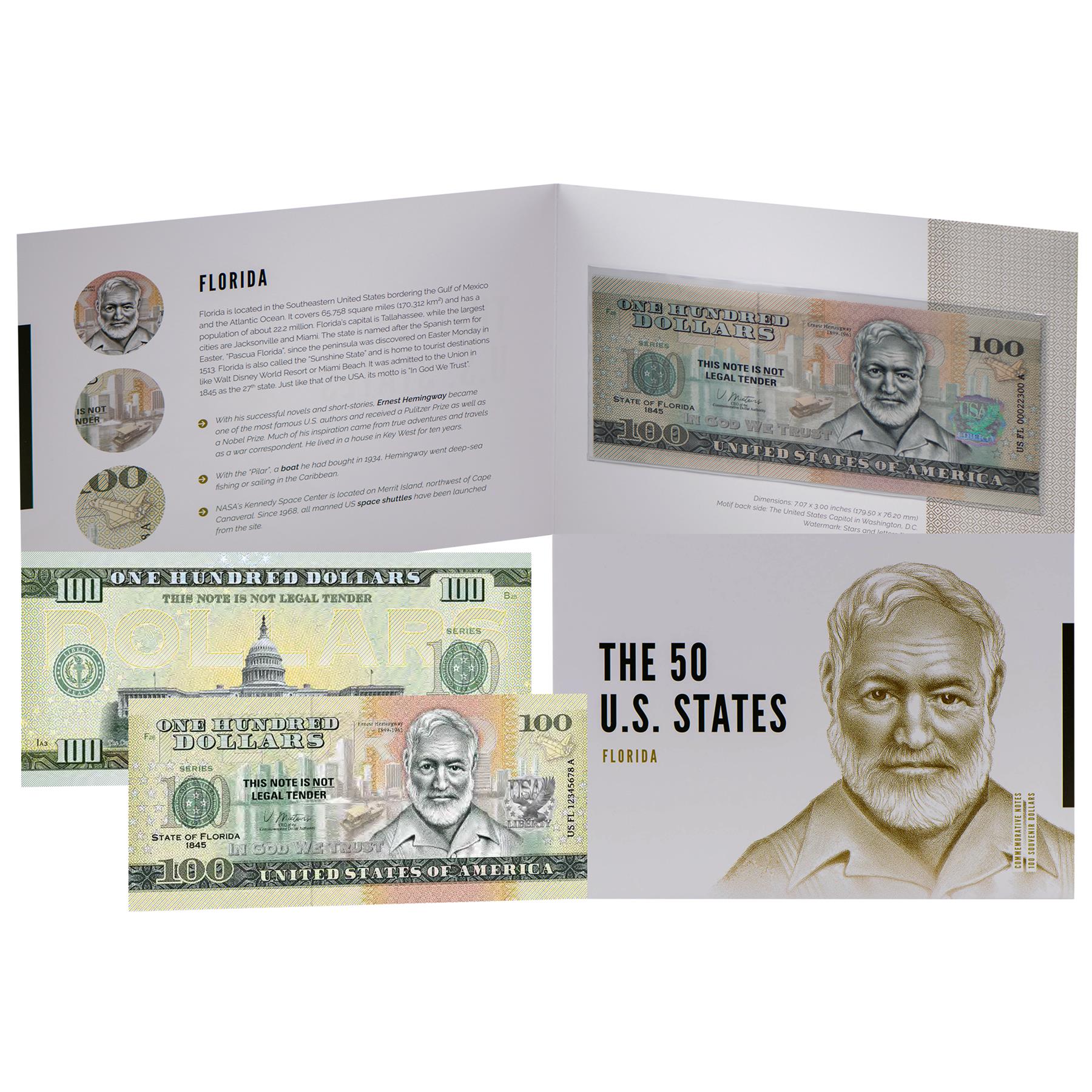 USA 100 Dollar Note | Florida Commemorative Souvenir | Ernest Hemingway Portrait | Pilar Boat Drawing | The 50 U.S. States Edition