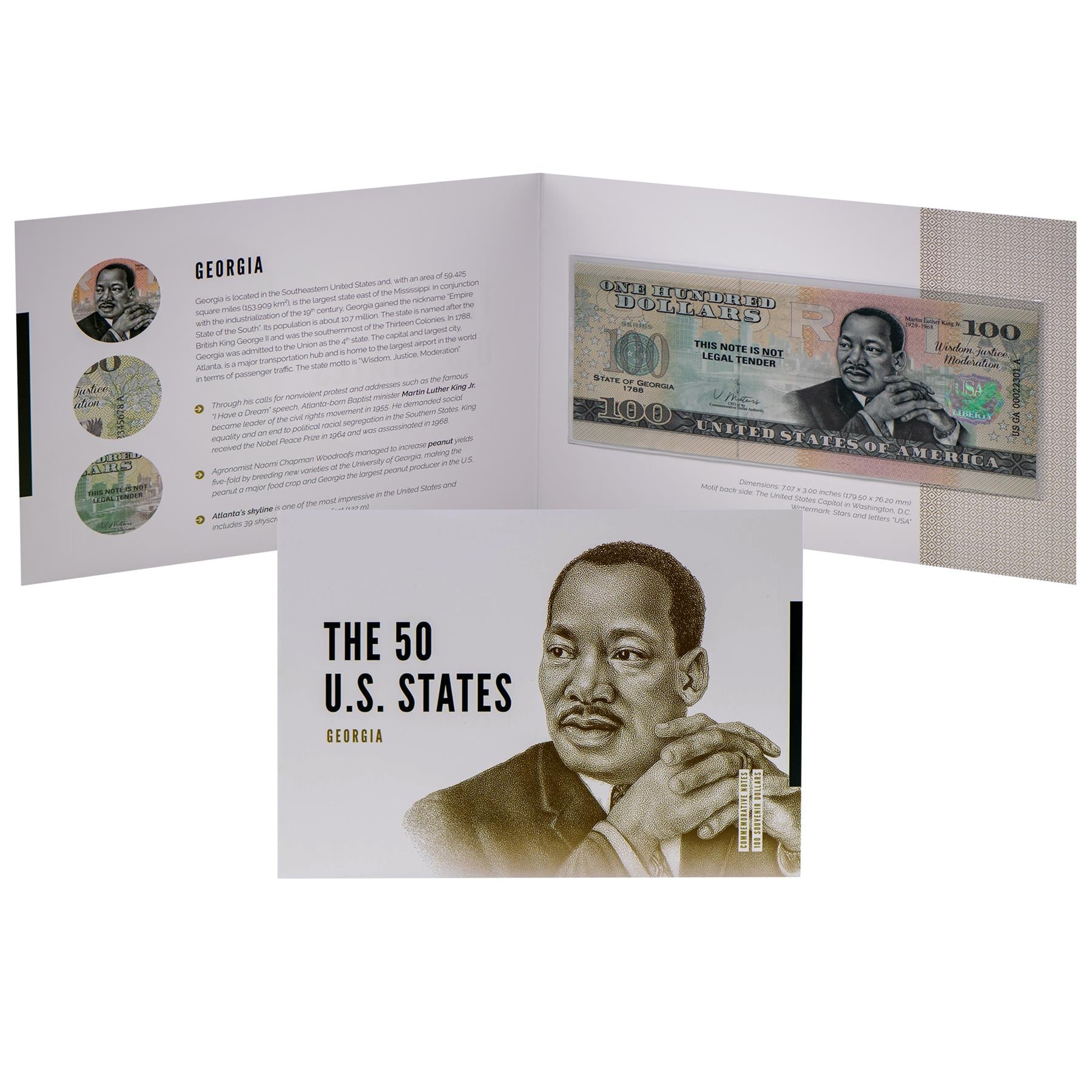 USA 100 Dollar Note | Georgia Commemorative Souvenir | Martin Luther King Jr. Portrait | Atlanta Skyline | The 50 U.S. States Edition