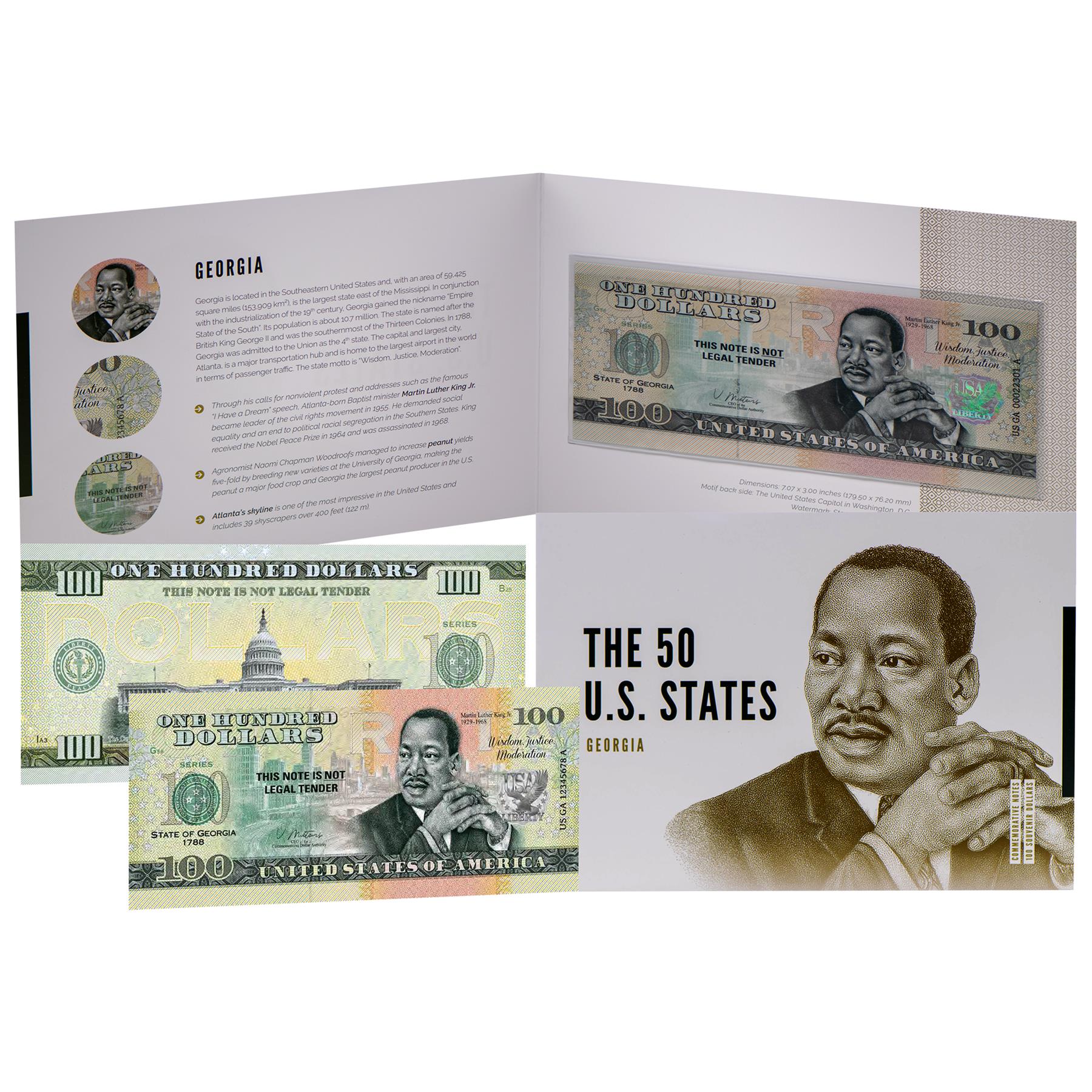 USA 100 Dollar Note | Georgia Commemorative Souvenir | Martin Luther King Jr. Portrait | Atlanta Skyline | The 50 U.S. States Edition