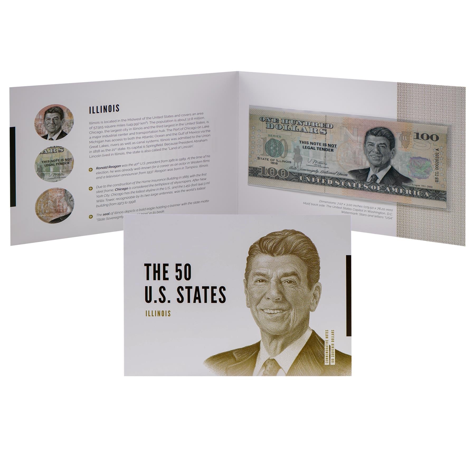 USA 100 Dollar Note | Illinois Commemorative Souvenir | Ronald Reagan Portrait | Chicago Skyline | The 50 U.S. States Edition