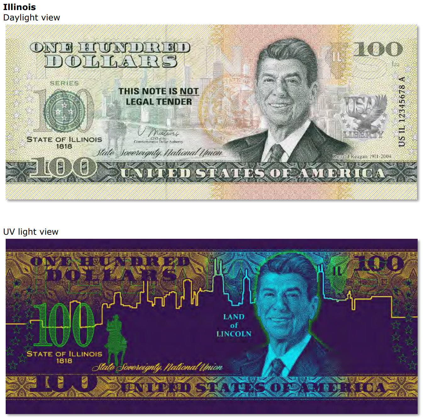 USA 100 Dollar Note | Illinois Commemorative Souvenir | Ronald Reagan Portrait | Chicago Skyline | The 50 U.S. States Edition