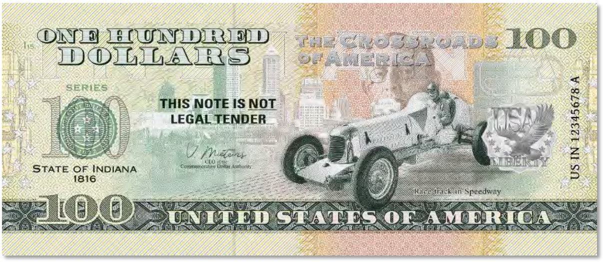 USA 100 Dollar Note | Indiana Commemorative Souvenir | Carl Fisher Portrait | Indianapolis Speedway | The 50 U.S. States Edition