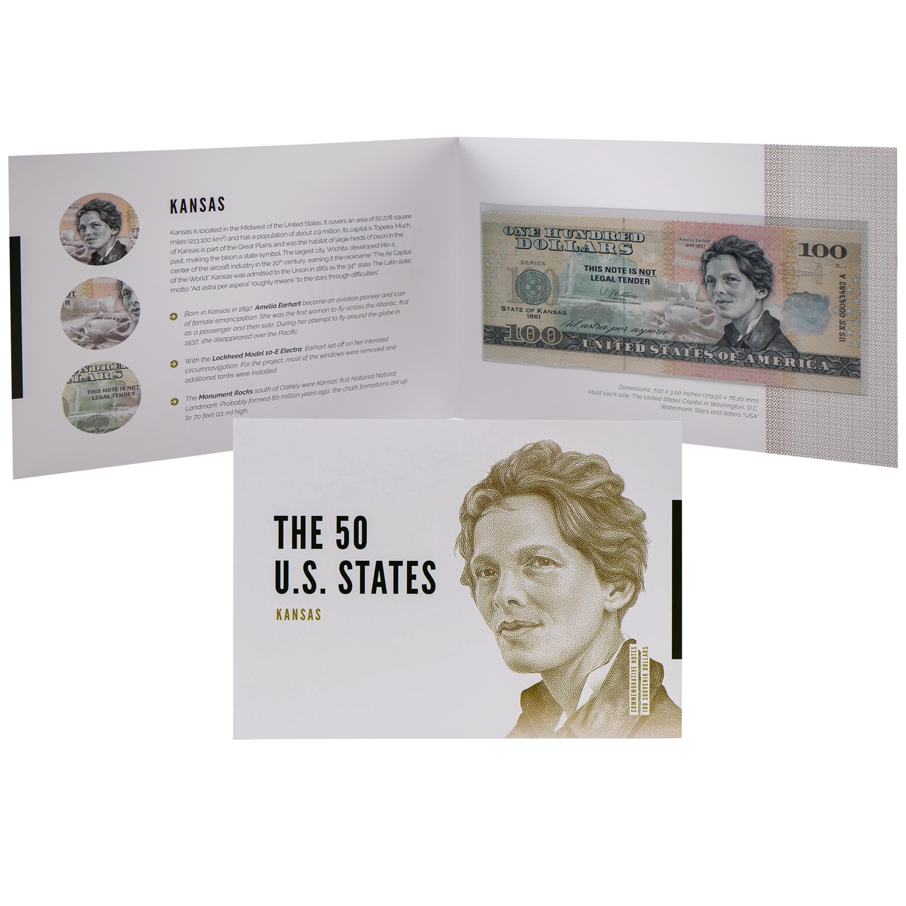 USA 100 Dollar Note | Kansas Commemorative Souvenir | Amelia Earhart | Monument Rocks | Bison | The 50 U.S. States Edition