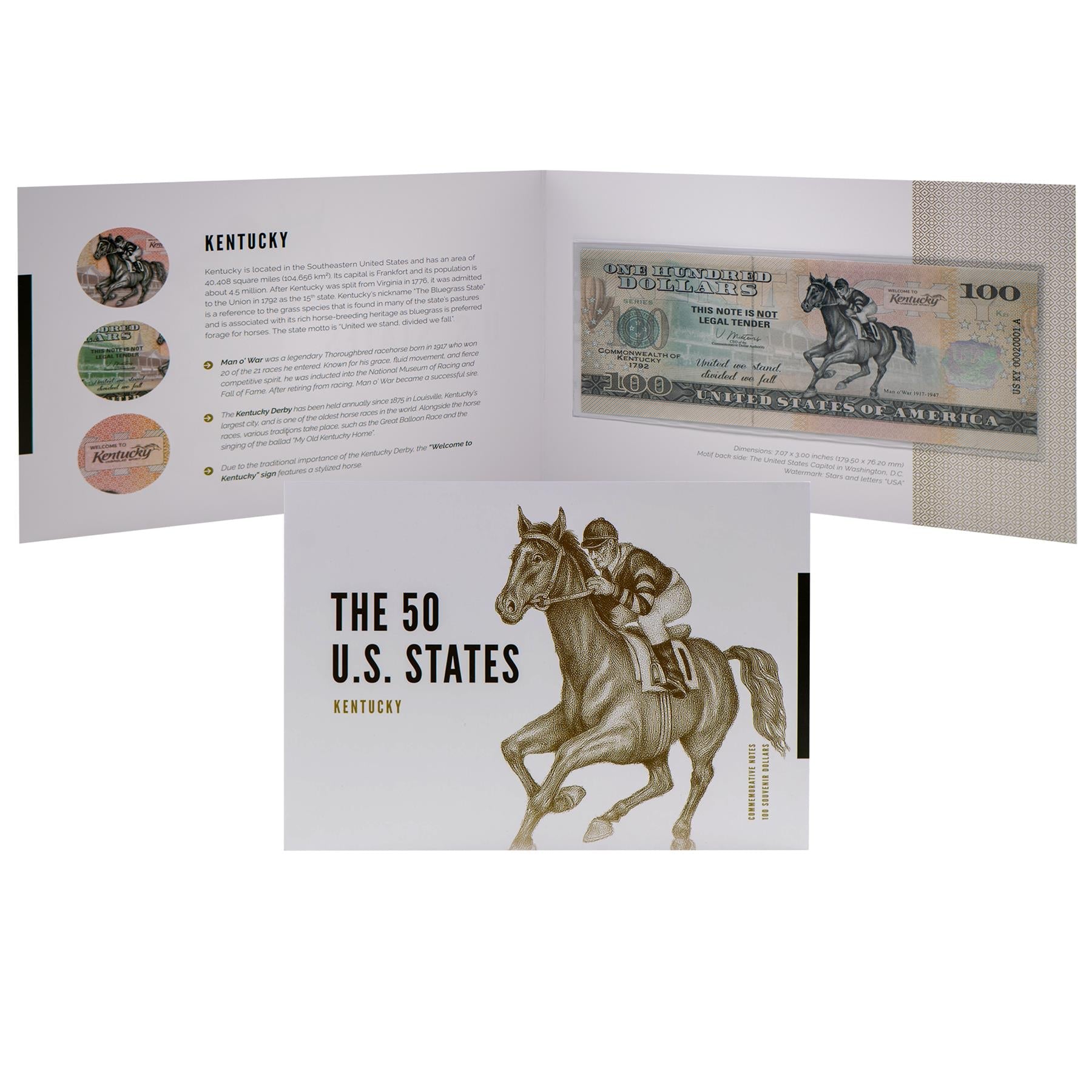 USA 100 Dollar Note | Kentucky Commemorative Souvenir | Man o' War Racehorse | Kentucky Derby | The 50 U.S. States Edition