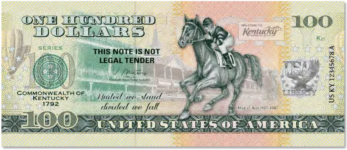 USA 100 Dollar Note | Kentucky Commemorative Souvenir | Man o' War Racehorse | Kentucky Derby | The 50 U.S. States Edition