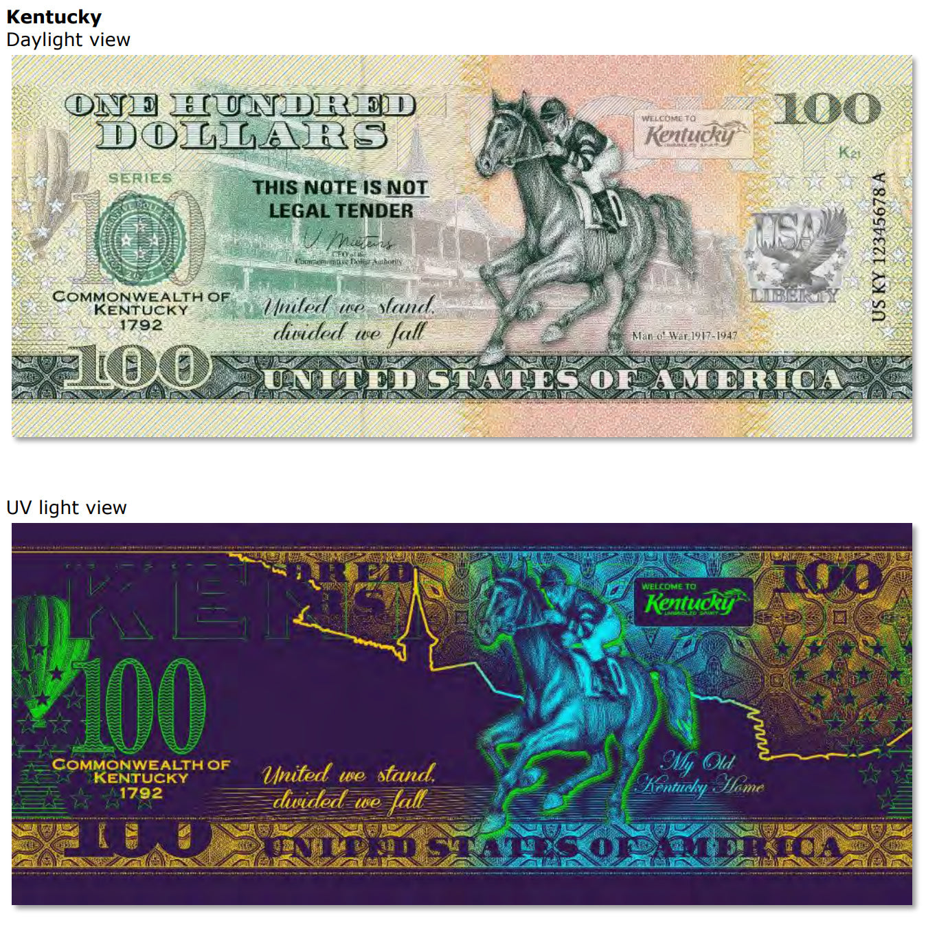 USA 100 Dollar Note | Kentucky Commemorative Souvenir | Man o' War Racehorse | Kentucky Derby | The 50 U.S. States Edition