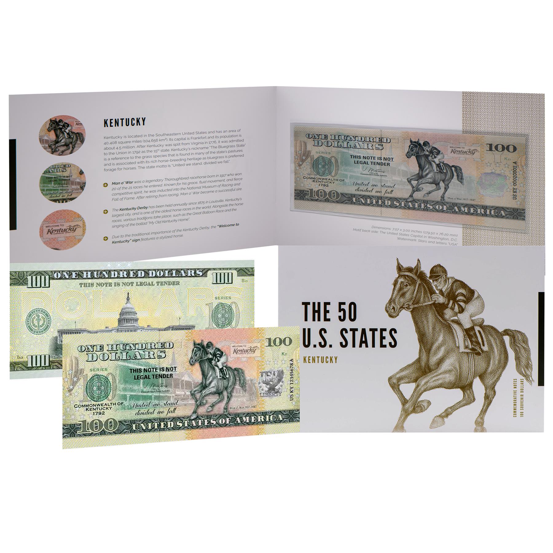 USA 100 Dollar Note | Kentucky Commemorative Souvenir | Man o' War Racehorse | Kentucky Derby | The 50 U.S. States Edition