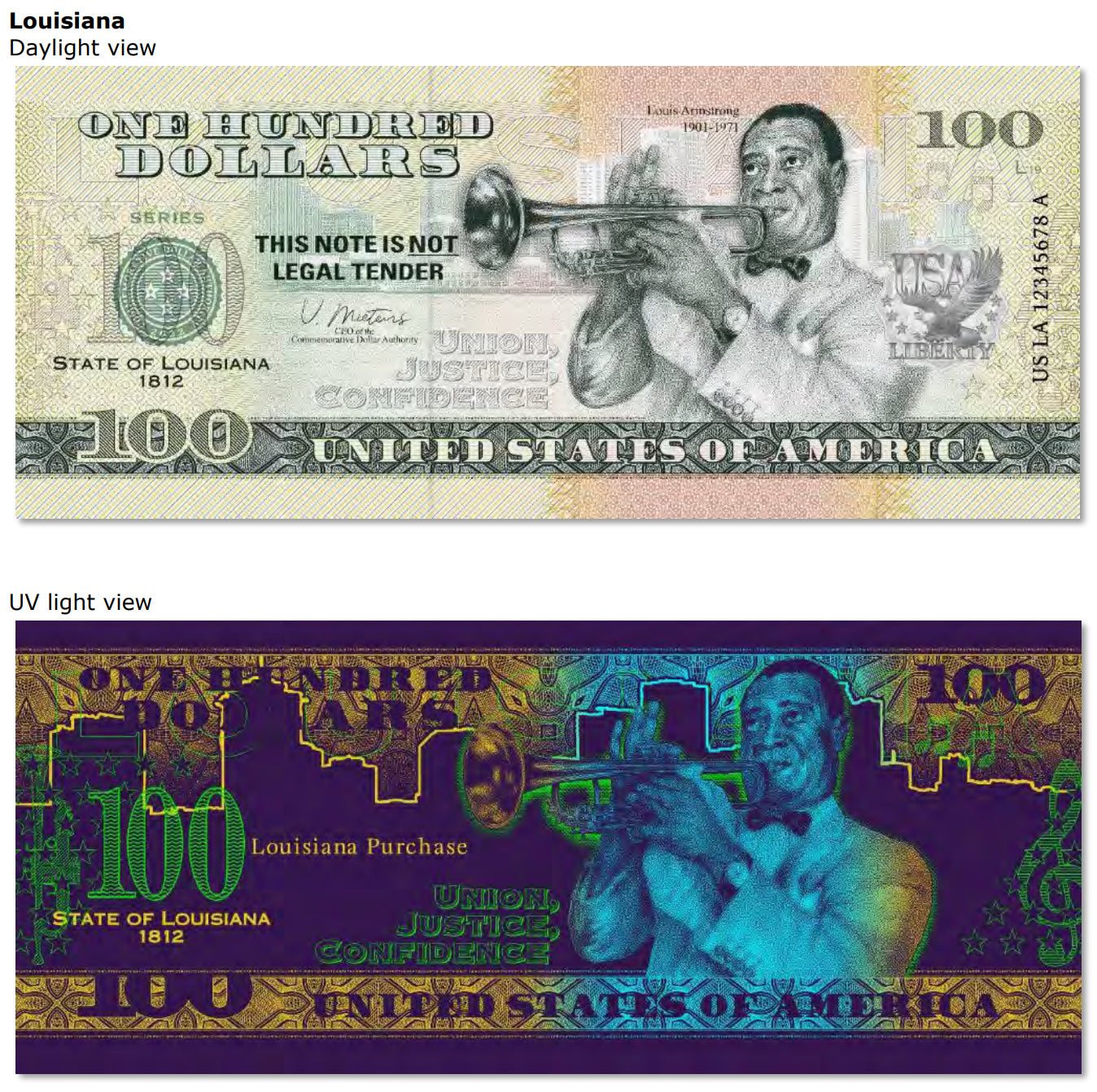 USA 100 Dollar Note | Louisiana Commemorative Souvenir | Louis Armstrong Portrait | New Orleans Skyline | Jazz Trumpet | The 50 U.S. States Edition