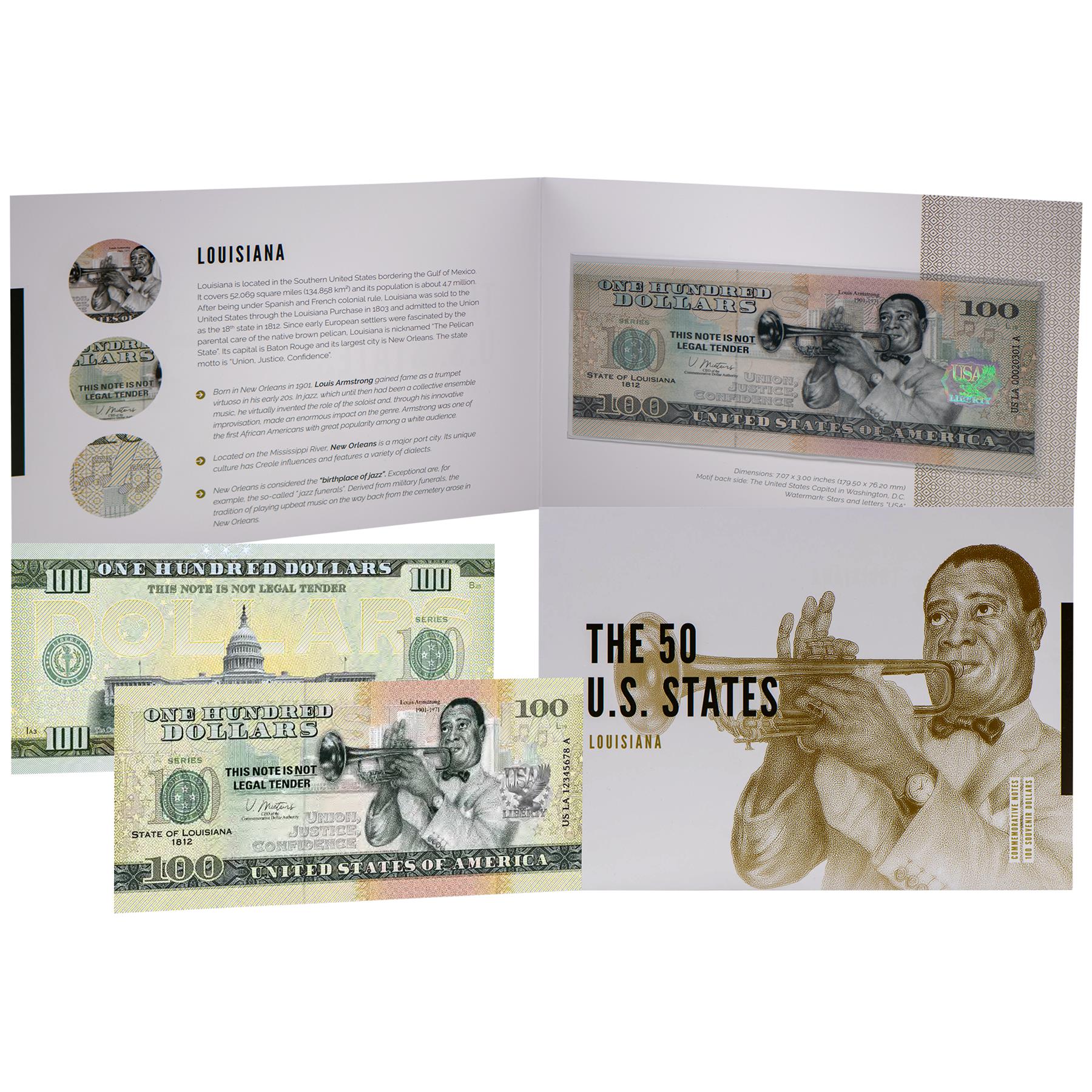 USA 100 Dollar Note | Louisiana Commemorative Souvenir | Louis Armstrong Portrait | New Orleans Skyline | Jazz Trumpet | The 50 U.S. States Edition