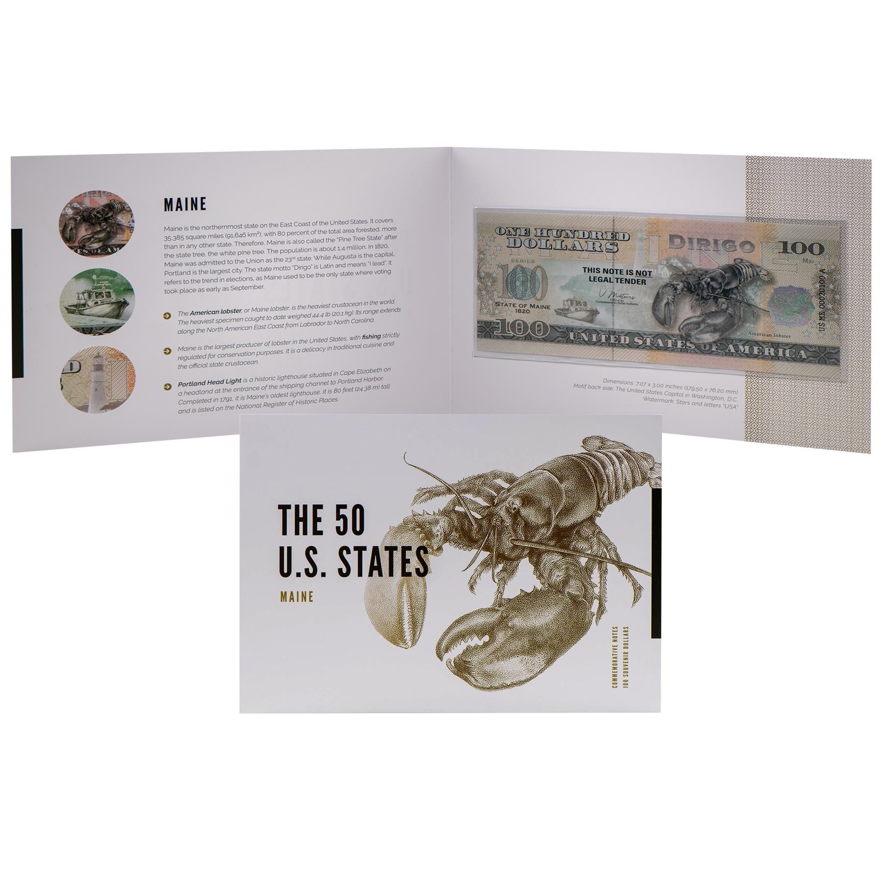 USA 100 Dollar Note | Maine Commemorative Souvenir | Maine Lobster | Portland Head Light Lighthouse | Pine Tree Branches | The 50 U.S. States Edition