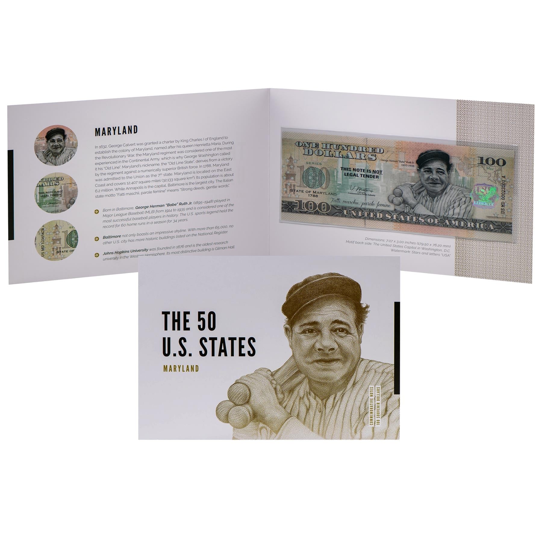 USA 100 Dollar Note | Maryland Commemorative Souvenir | Babe Ruth Jr. | Baltimore Skyline | Johns Hopkins University | White Oak | The 50 U.S. States Edition