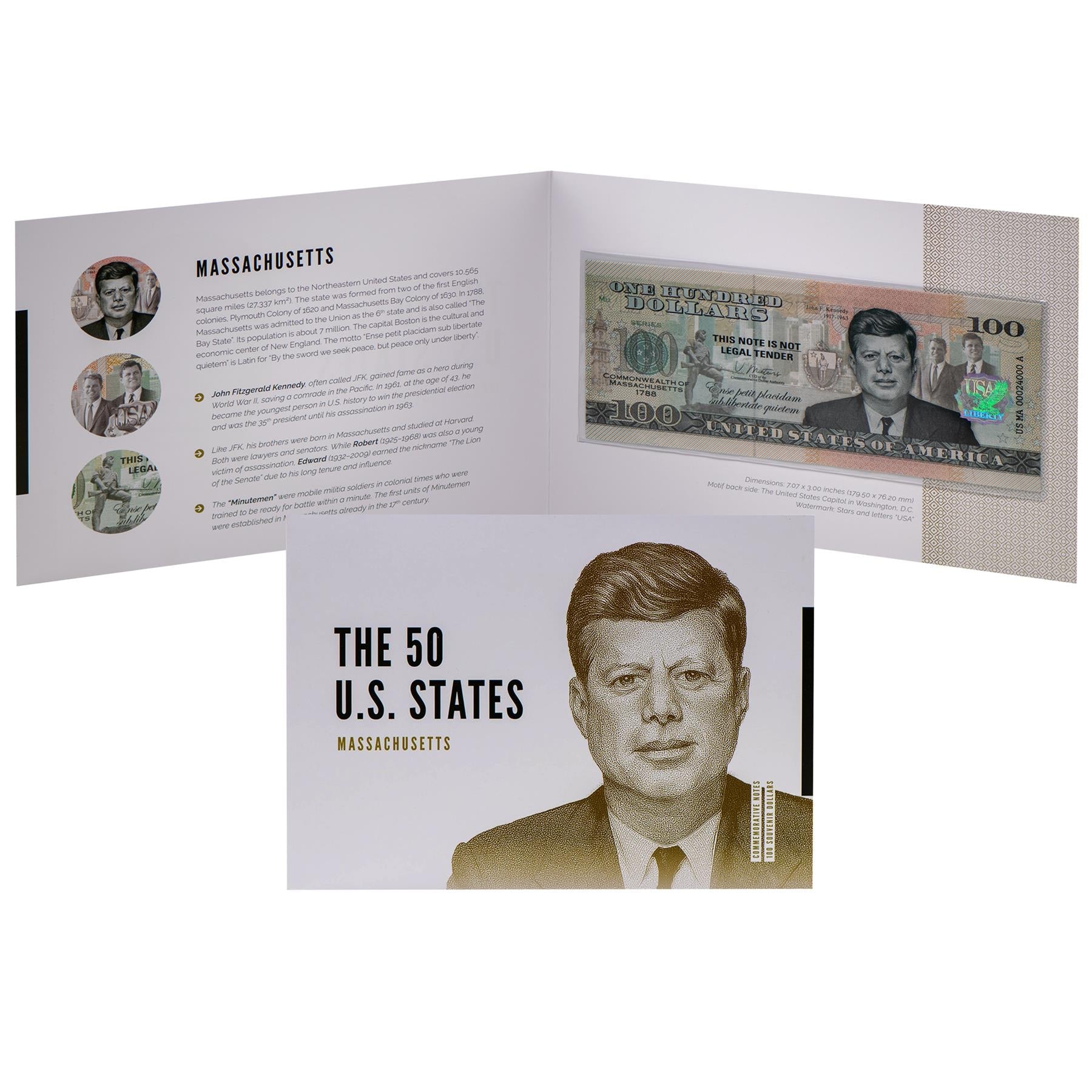 USA 100 Dollar Note | Massachusetts Commemorative Souvenir | John F. Kennedy | Boston Skyline | Minutemen Statue | Massachusetts Seal | The 50 U.S. States Edition