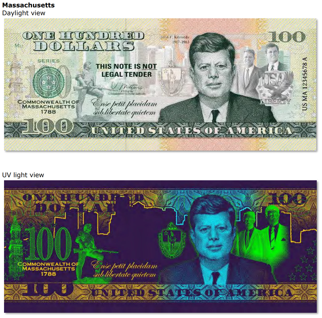 USA 100 Dollar Note | Massachusetts Commemorative Souvenir | John F. Kennedy | Boston Skyline | Minutemen Statue | Massachusetts Seal | The 50 U.S. States Edition