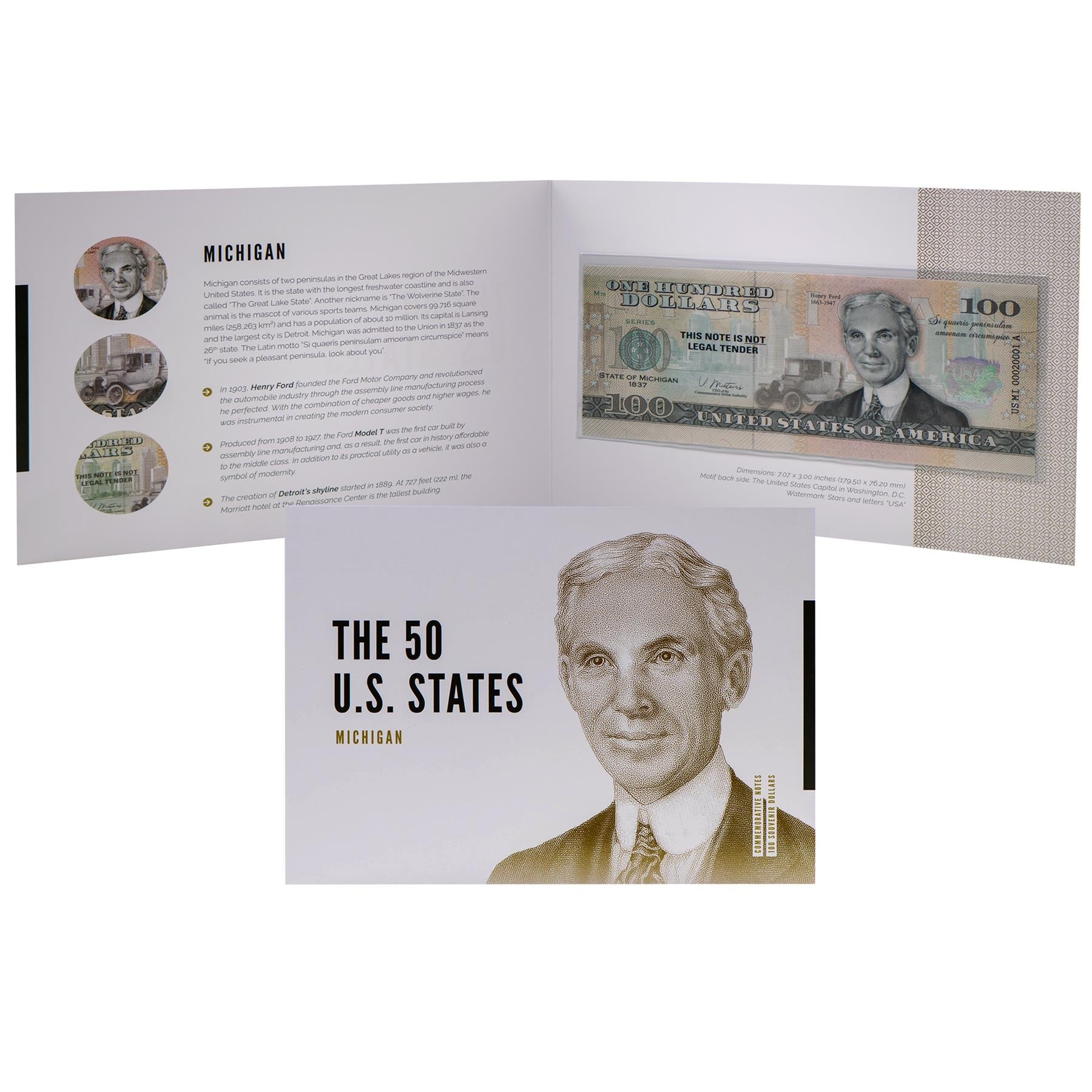 USA 100 Dollar Note | Michigan Commemorative Souvenir | Henry Ford | Detroit Skyline | Ford Model T | Mackinac Bridge | The 50 U.S. States Edition