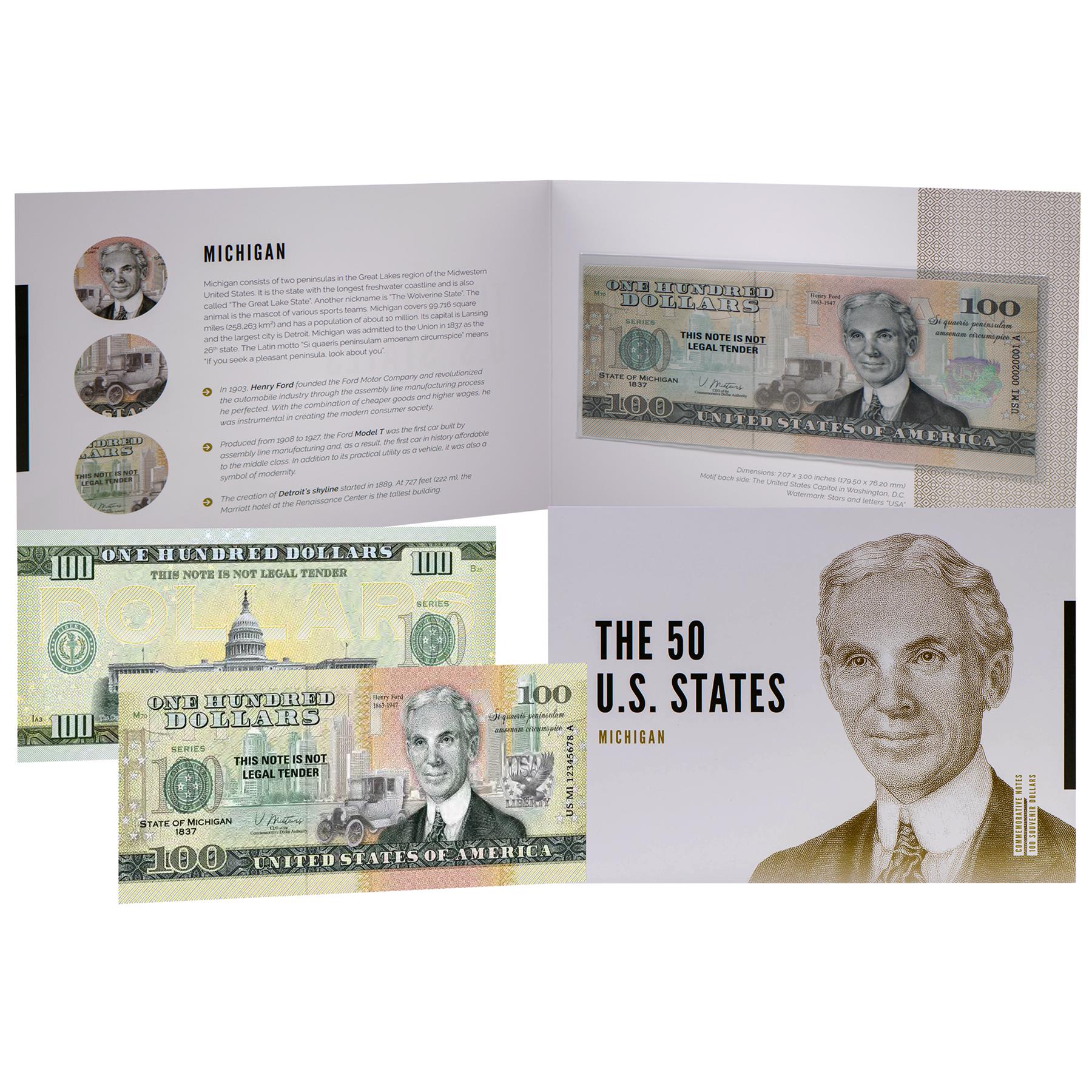 USA 100 Dollar Note | Michigan Commemorative Souvenir | Henry Ford | Detroit Skyline | Ford Model T | Mackinac Bridge | The 50 U.S. States Edition