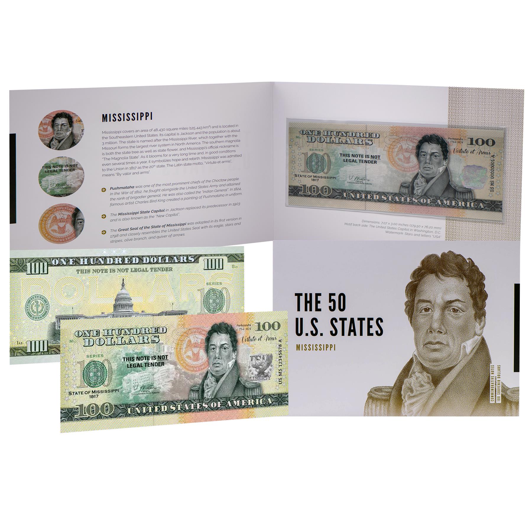 USA 100 Dollar Note | Mississippi Commemorative Souvenir | Chief Pushmataha | Mississippi State Capitol | Great Seal | Southern Magnolia | The 50 U.S. States Edition