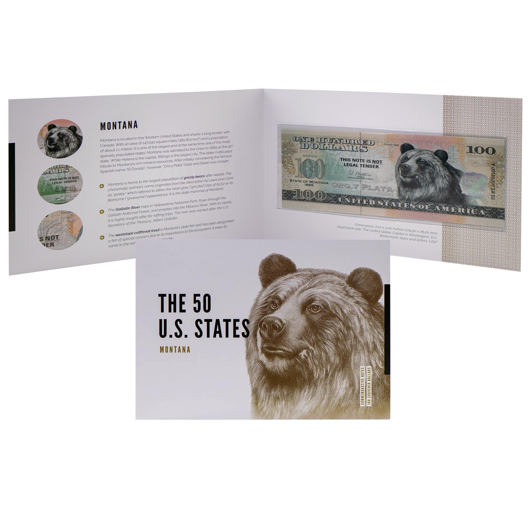 USA 100 Dollar Note | Montana Commemorative Souvenir | Grizzly Bear | Gallatin River | Westslope Cutthroat Trout | The 50 U.S. States Edition