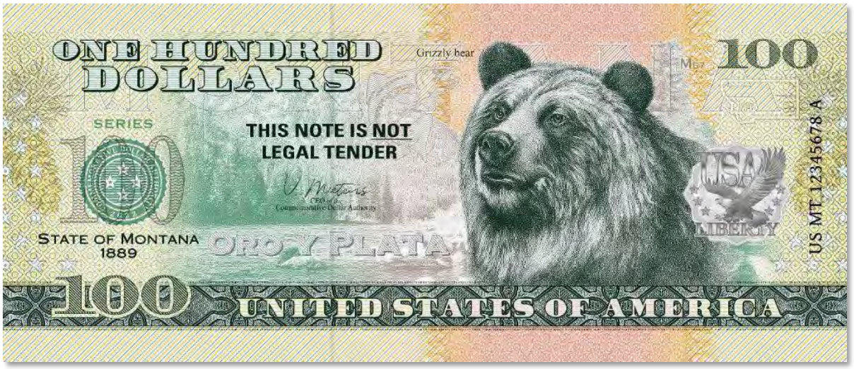 USA 100 Dollar Note | Montana Commemorative Souvenir | Grizzly Bear | Gallatin River | Westslope Cutthroat Trout | The 50 U.S. States Edition