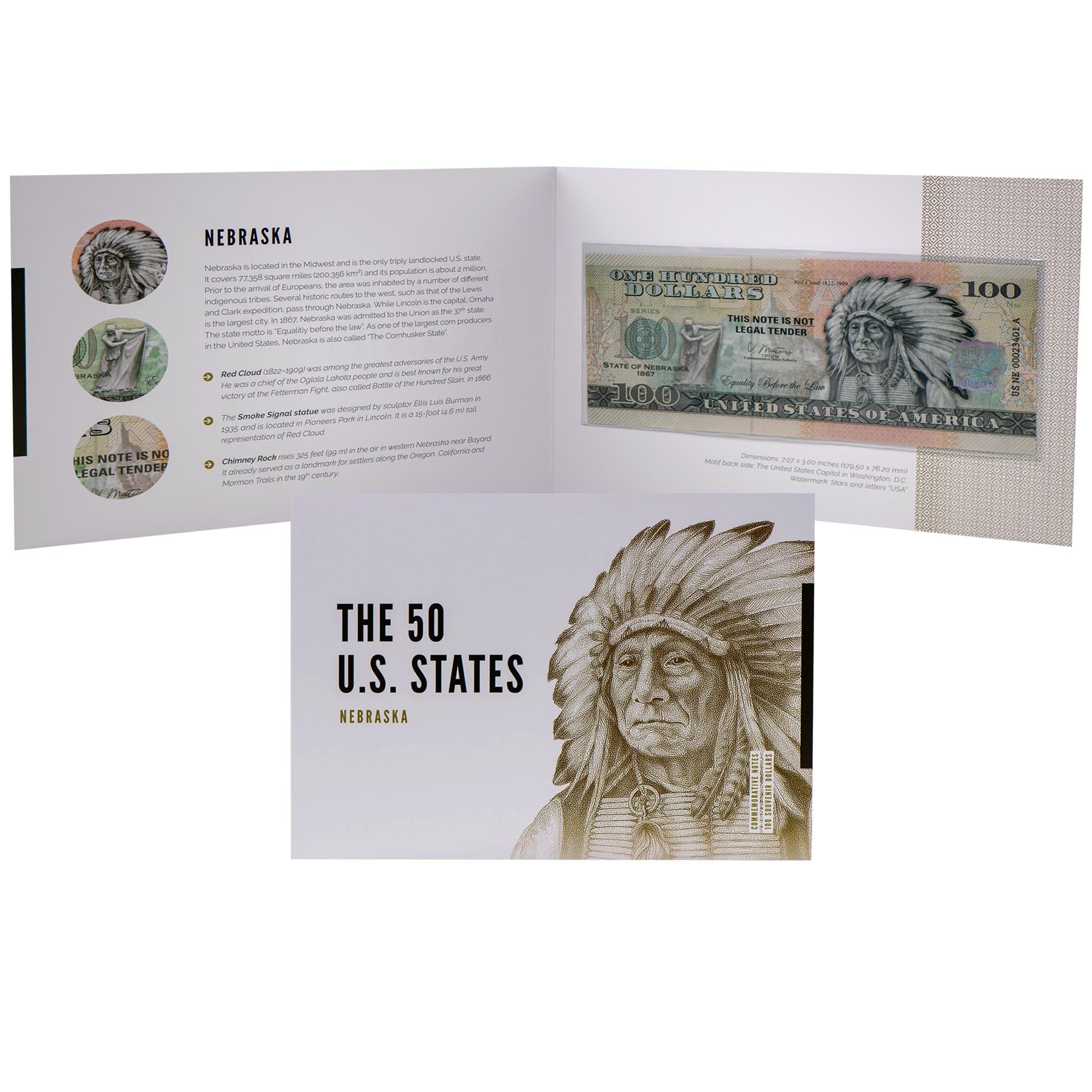 USA 100 Dollar Note | Nebraska Commemorative Souvenir | Chief Red Cloud | Smoke Signal Statue | Chimney Rock | The 50 U.S. States Edition