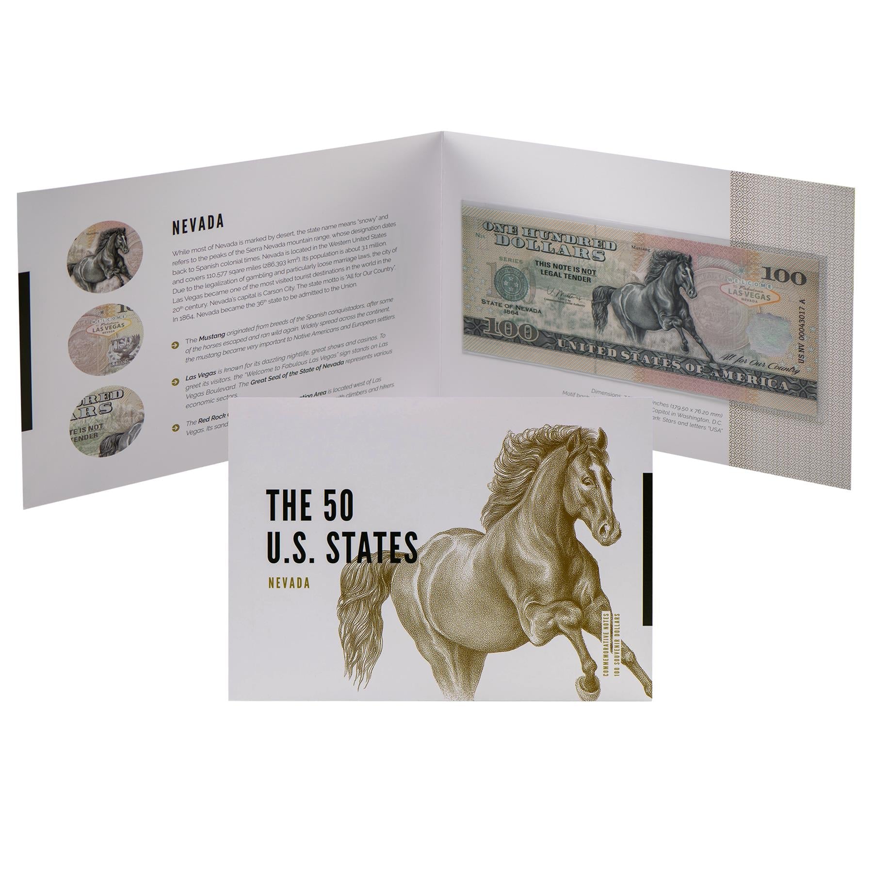 USA 100 Dollar Note | Nevada Commemorative Souvenir | Mustang | Red Rock Canyon | Las Vegas Sign | The 50 U.S. States Edition