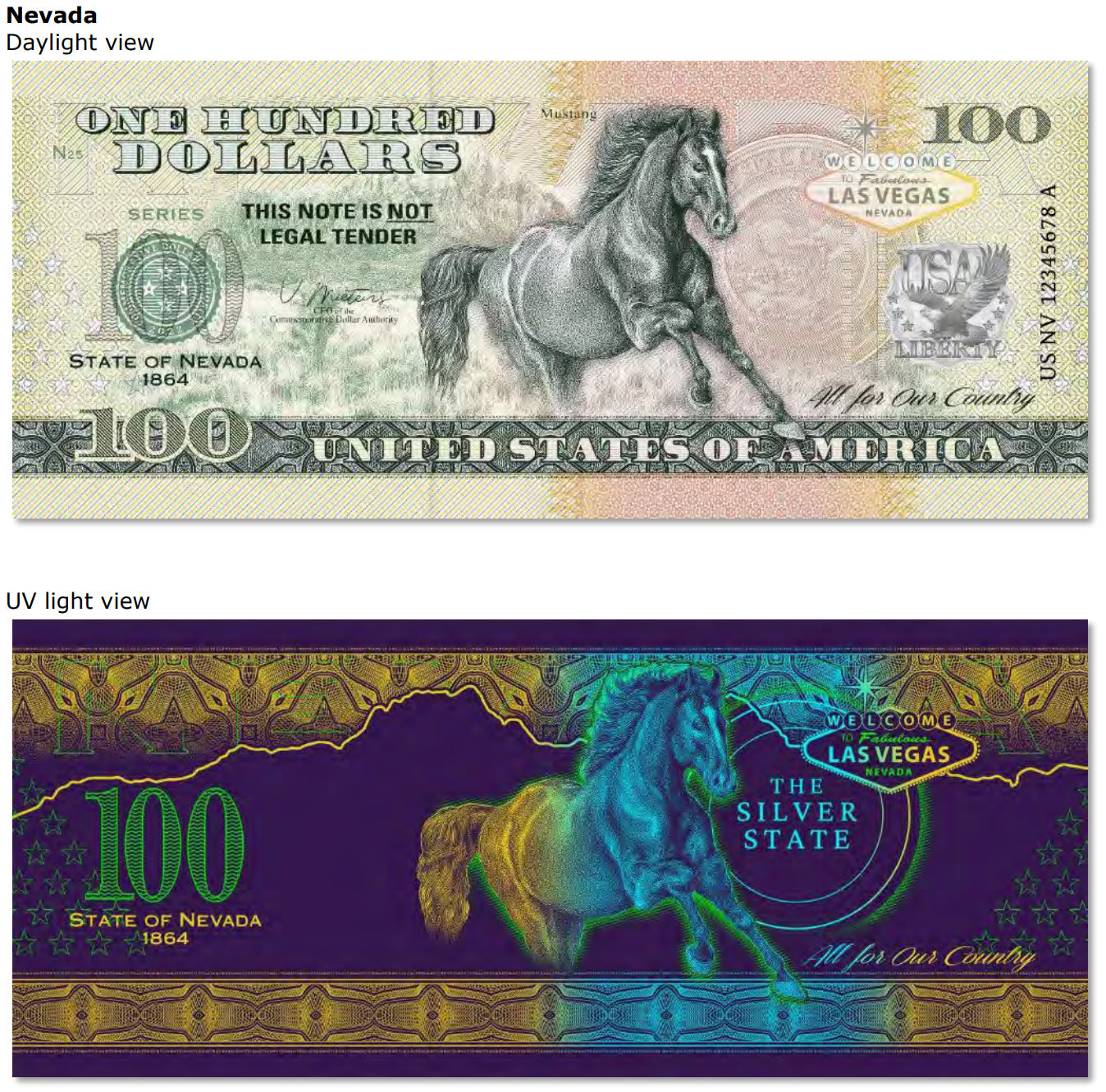 USA 100 Dollar Note | Nevada Commemorative Souvenir | Mustang | Red Rock Canyon | Las Vegas Sign | The 50 U.S. States Edition