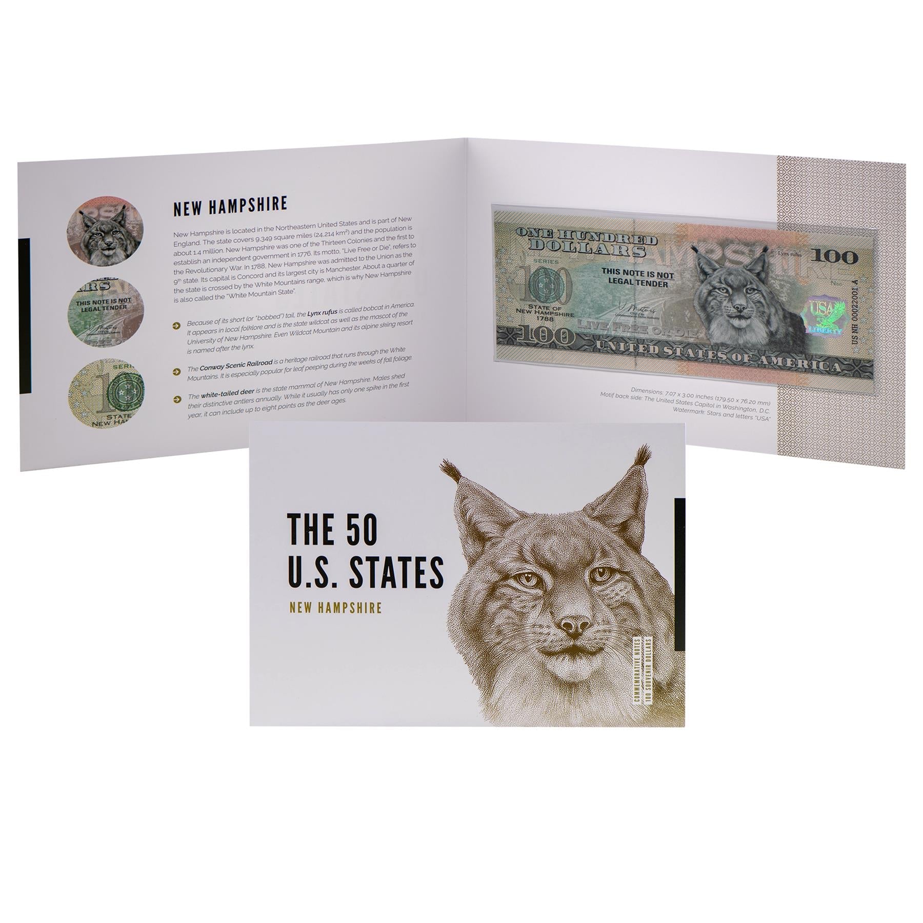 USA 100 Dollar Note | New Hampshire Commemorative Souvenir | Bobcat | Conway Scenic Railroad | White-Tailed Deer | The 50 U.S. States Edition