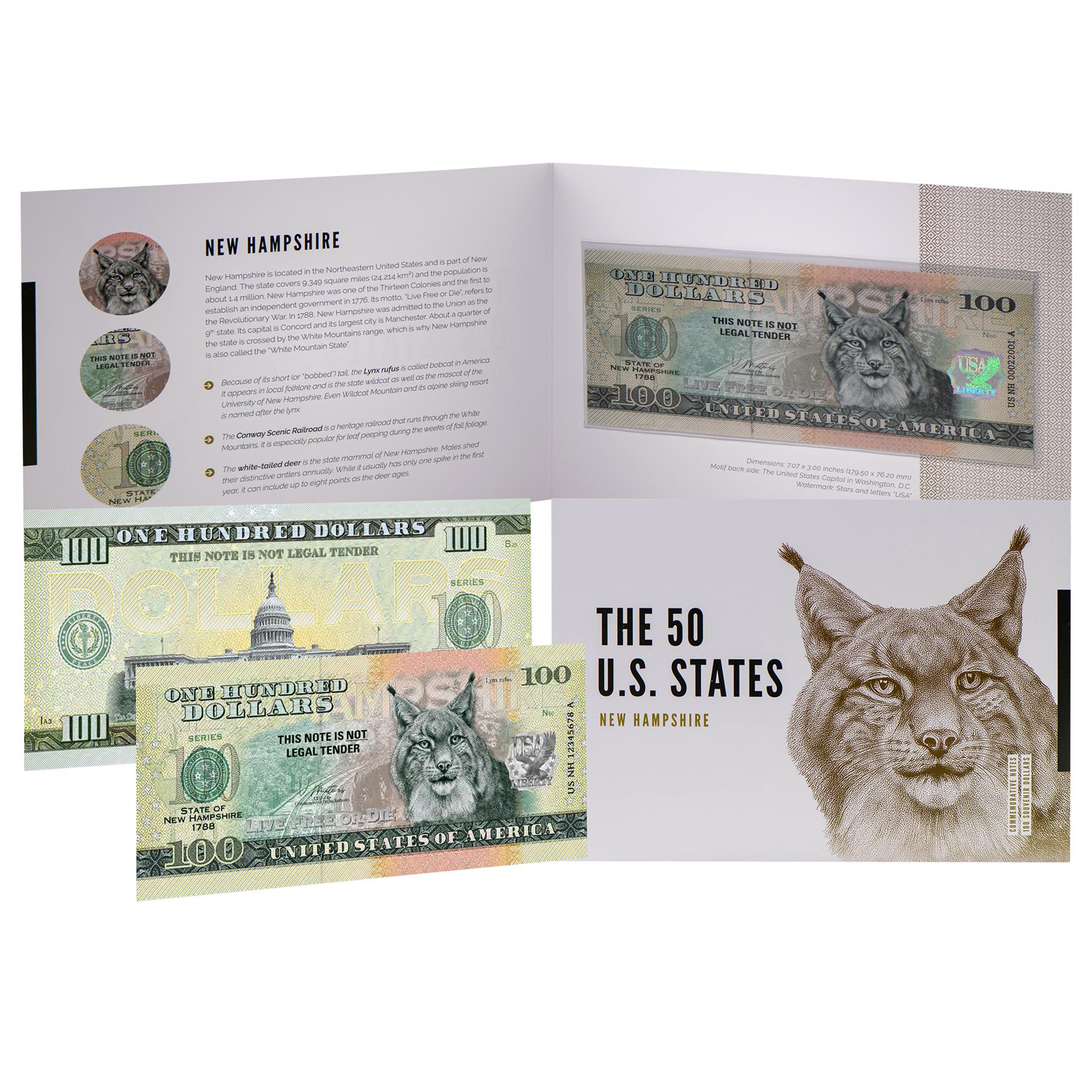 USA 100 Dollar Note | New Hampshire Commemorative Souvenir | Bobcat | Conway Scenic Railroad | White-Tailed Deer | The 50 U.S. States Edition