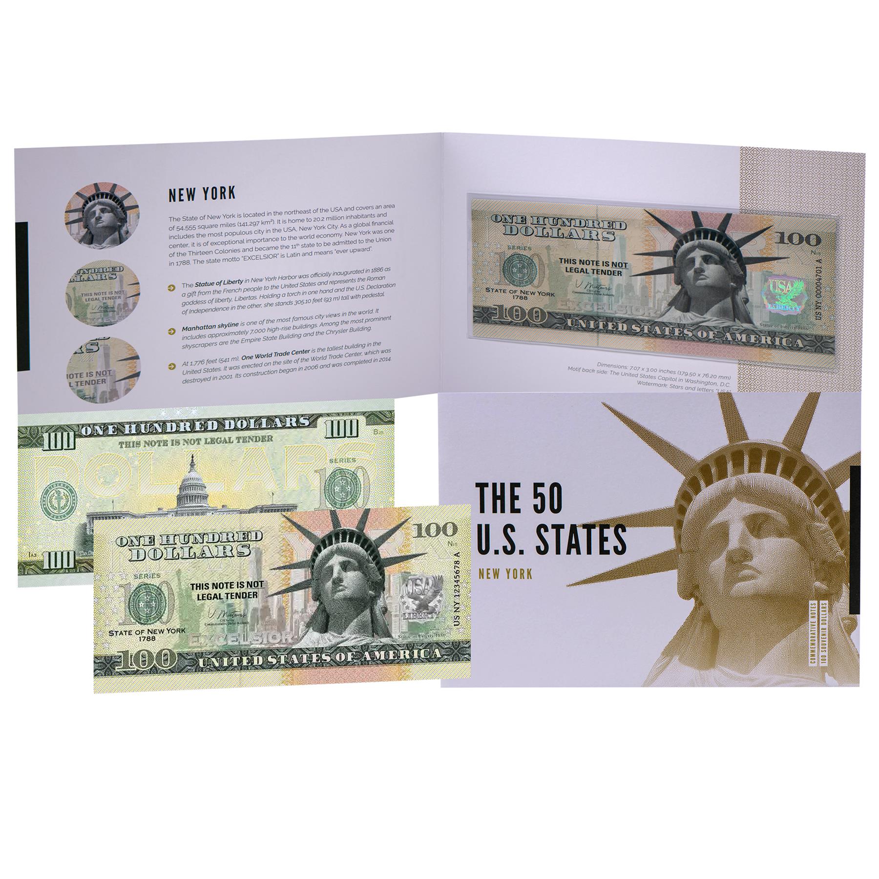 USA 100 Dollar Note | New York Commemorative Souvenir | Statue of Liberty | Manhattan Skyline | One World Trade Center | The 50 U.S. States Edition