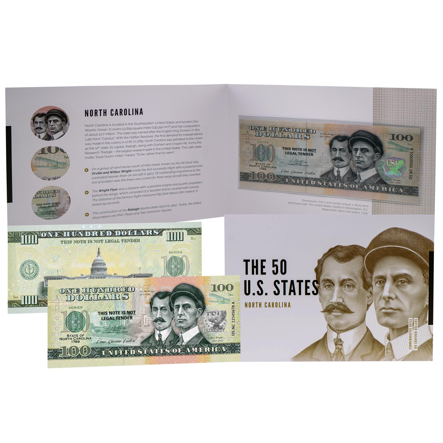 USA 100 Dollar Note | North Carolina Commemorative Souvenir | Wright Brothers | Raleigh Skyline | Kill Devil Hills | The 50 U.S. States Edition