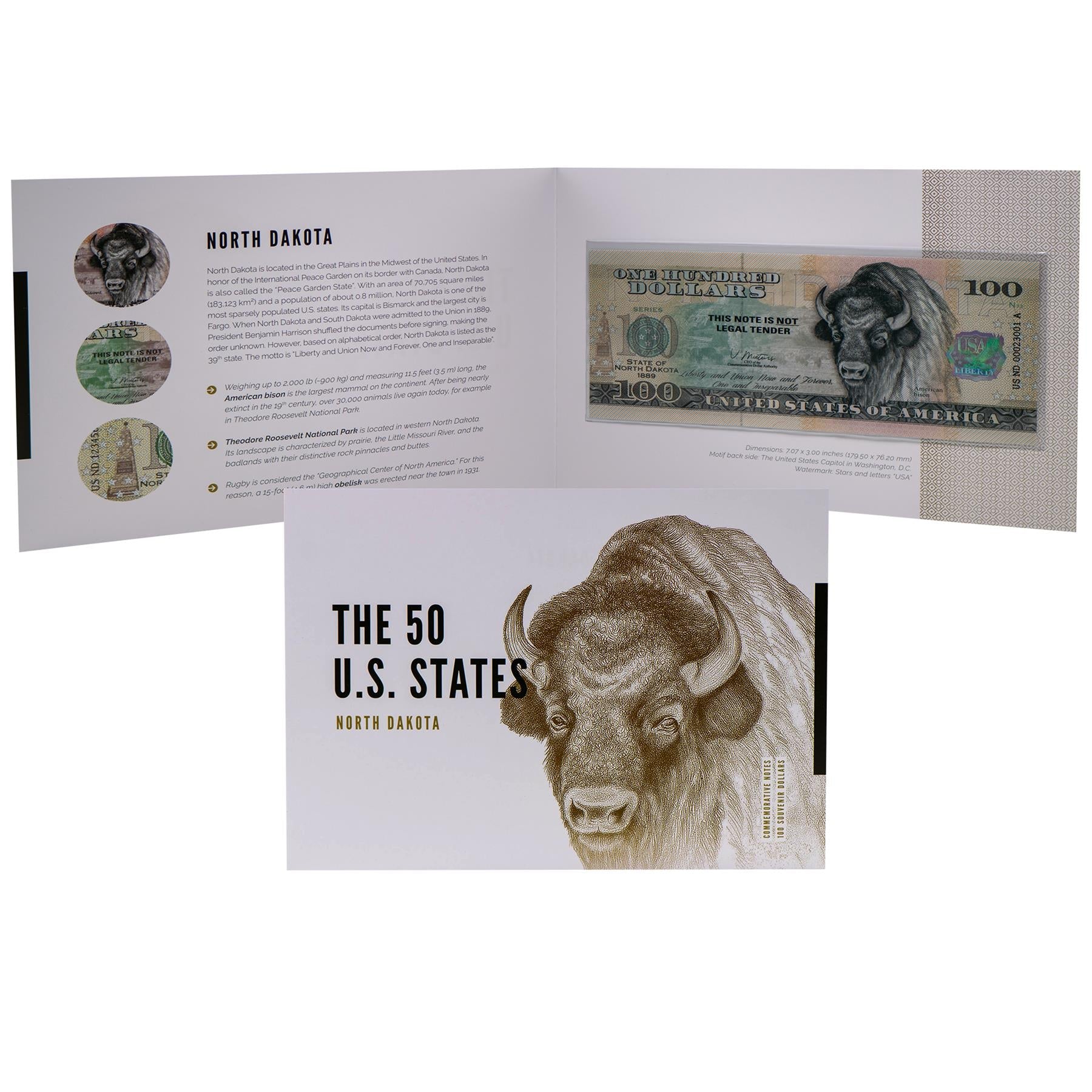 USA 100 Dollar Note | North Dakota Commemorative Souvenir | American Bison | Theodore Roosevelt National Park | Rugby Geographical Center | The 50 U.S. States Edition