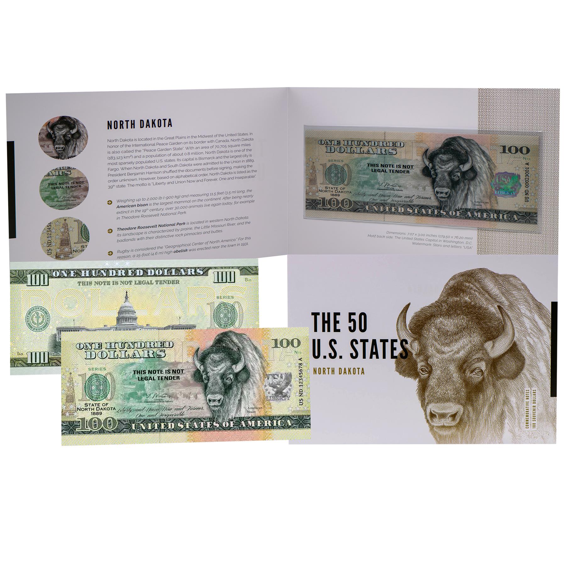 USA 100 Dollar Note | North Dakota Commemorative Souvenir | American Bison | Theodore Roosevelt National Park | Rugby Geographical Center | The 50 U.S. States Edition