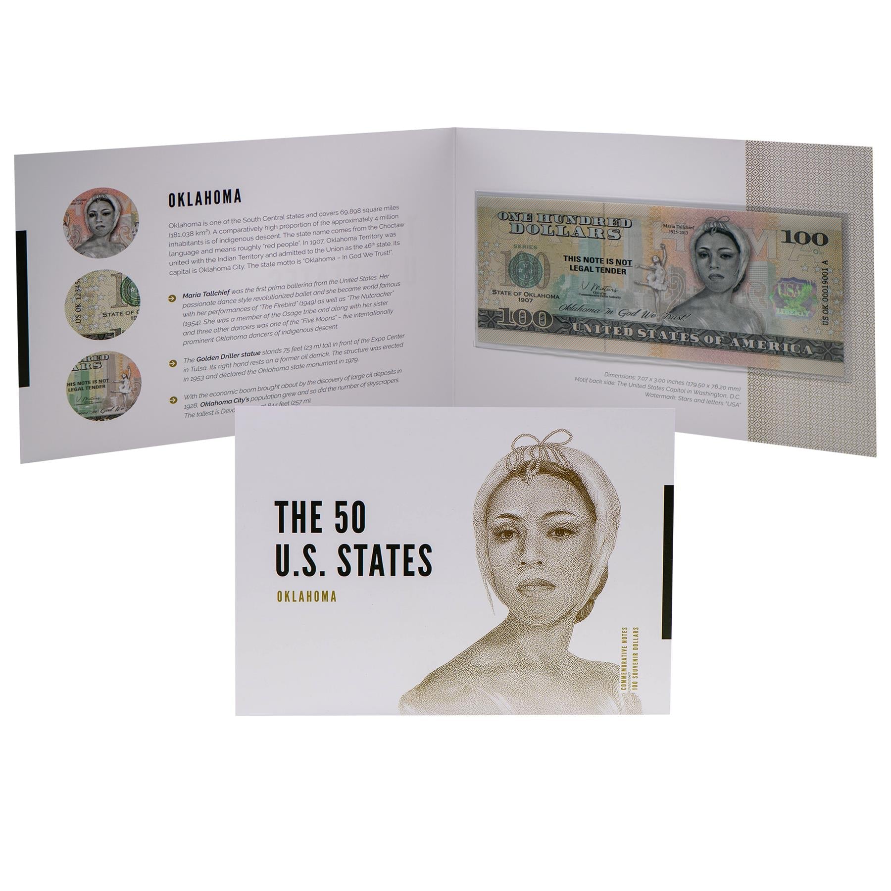 USA 100 Dollar Note | Oklahoma Commemorative Souvenir | Maria Tallchief | Golden Driller Statue | Oklahoma City Skyline | The 50 U.S. States Edition