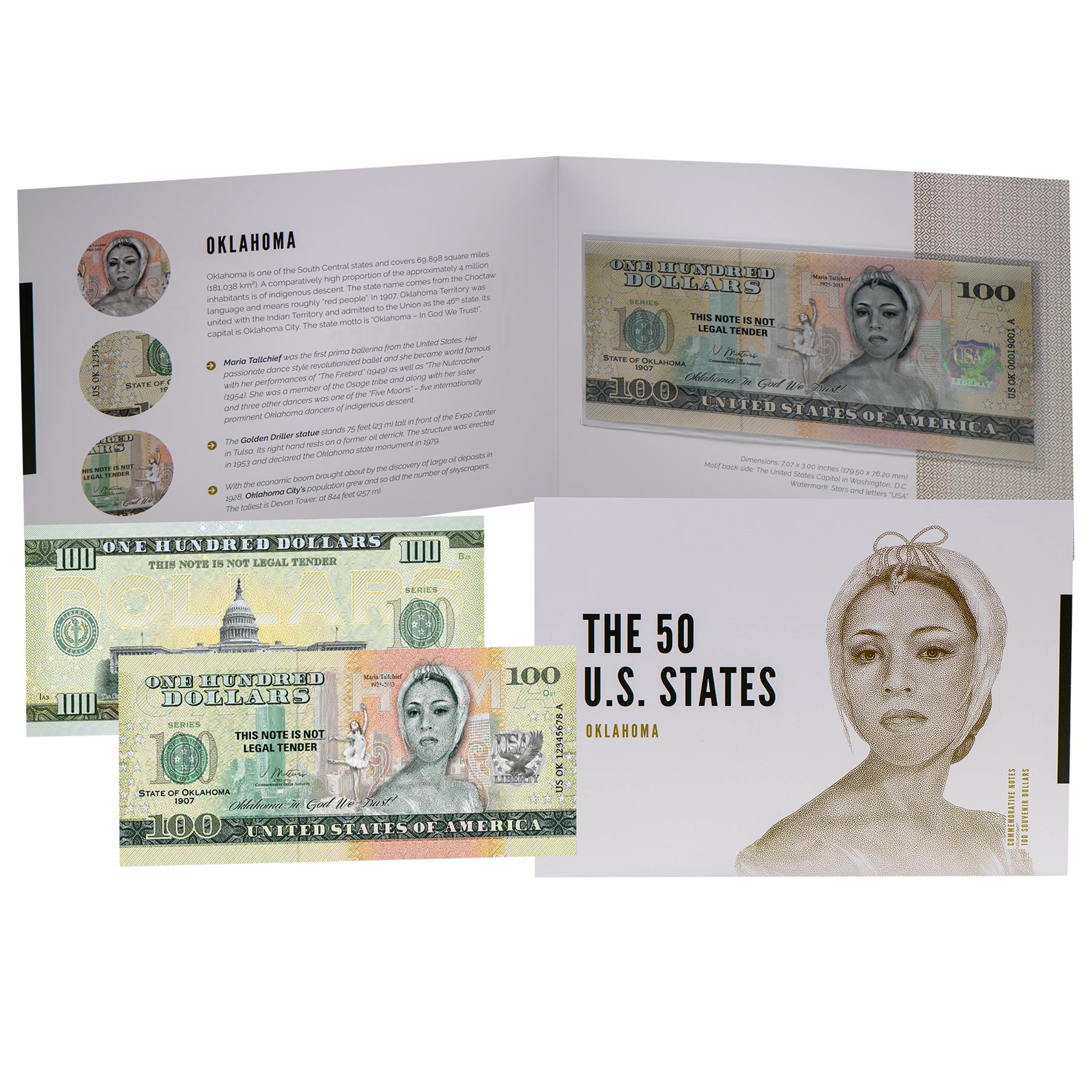 USA 100 Dollar Note | Oklahoma Commemorative Souvenir | Maria Tallchief | Golden Driller Statue | Oklahoma City Skyline | The 50 U.S. States Edition