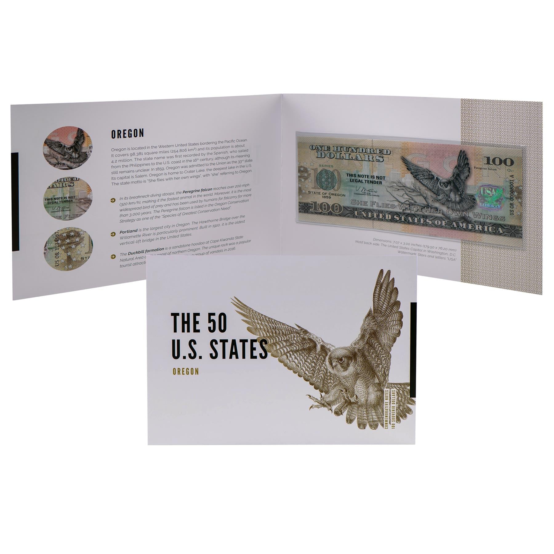 USA 100 Dollar Note | Oregon Commemorative Souvenir | Peregrine Falcon | Duckbill Formation | The 50 U.S. States Edition