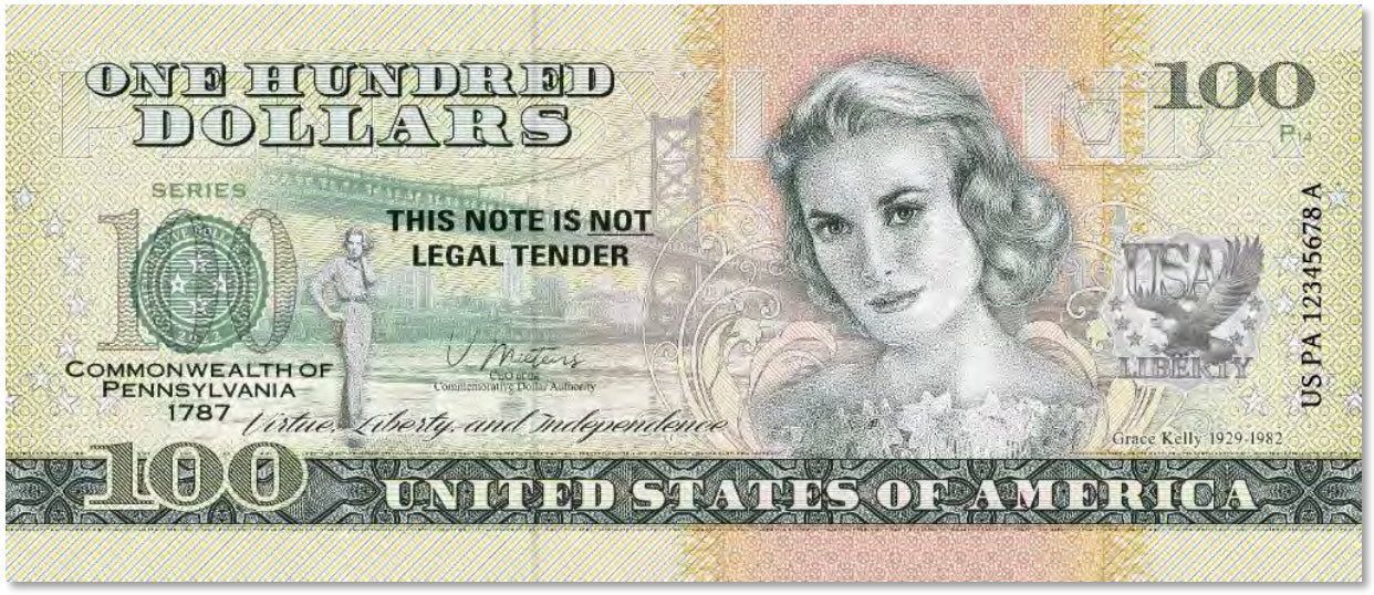 USA 100 Dollar Note | Pennsylvania Commemorative Souvenir | Grace Kelly | Benjamin Franklin Bridge | Philadelphia Skyline | The 50 U.S. States Edition