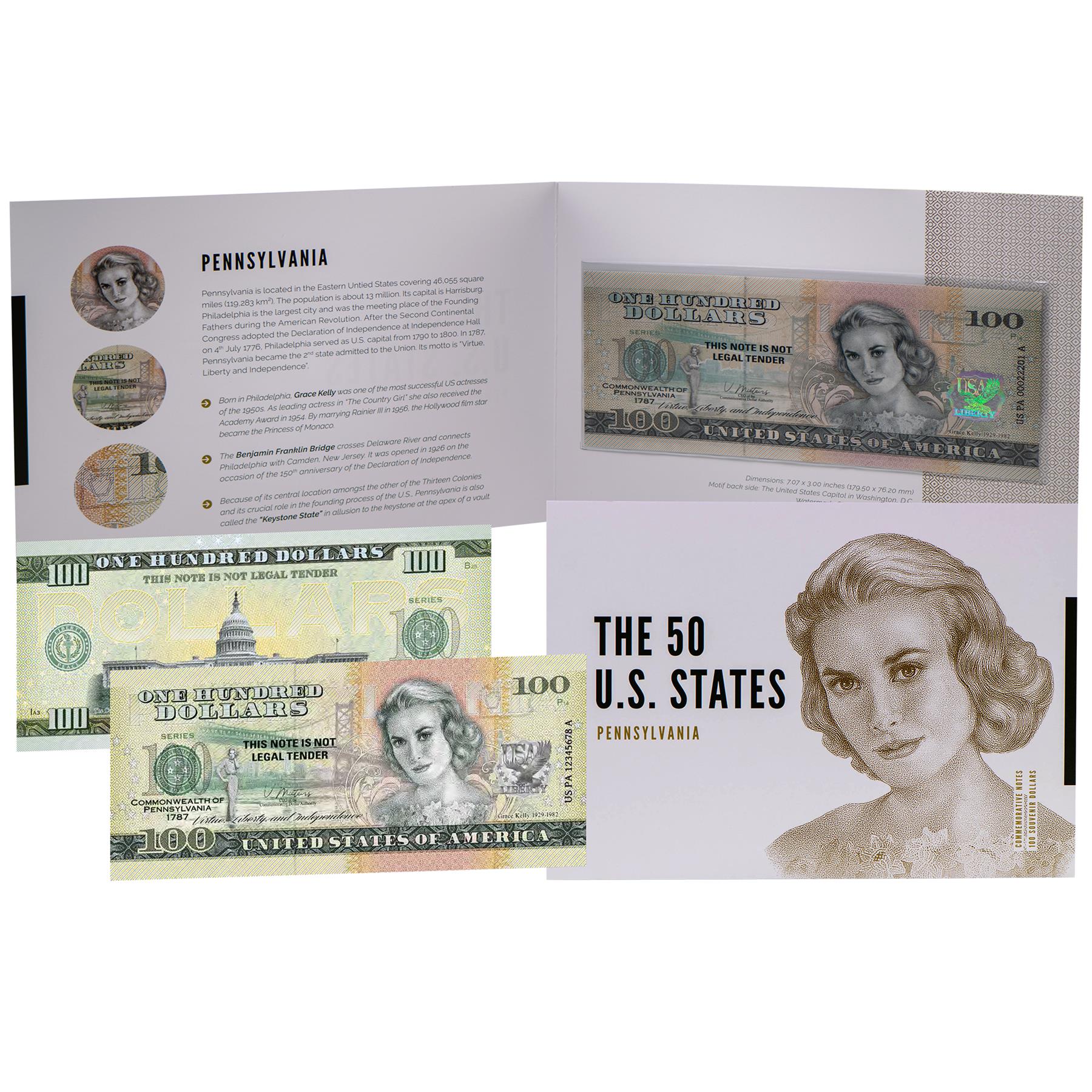 USA 100 Dollar Note | Pennsylvania Commemorative Souvenir | Grace Kelly | Benjamin Franklin Bridge | Philadelphia Skyline | The 50 U.S. States Edition