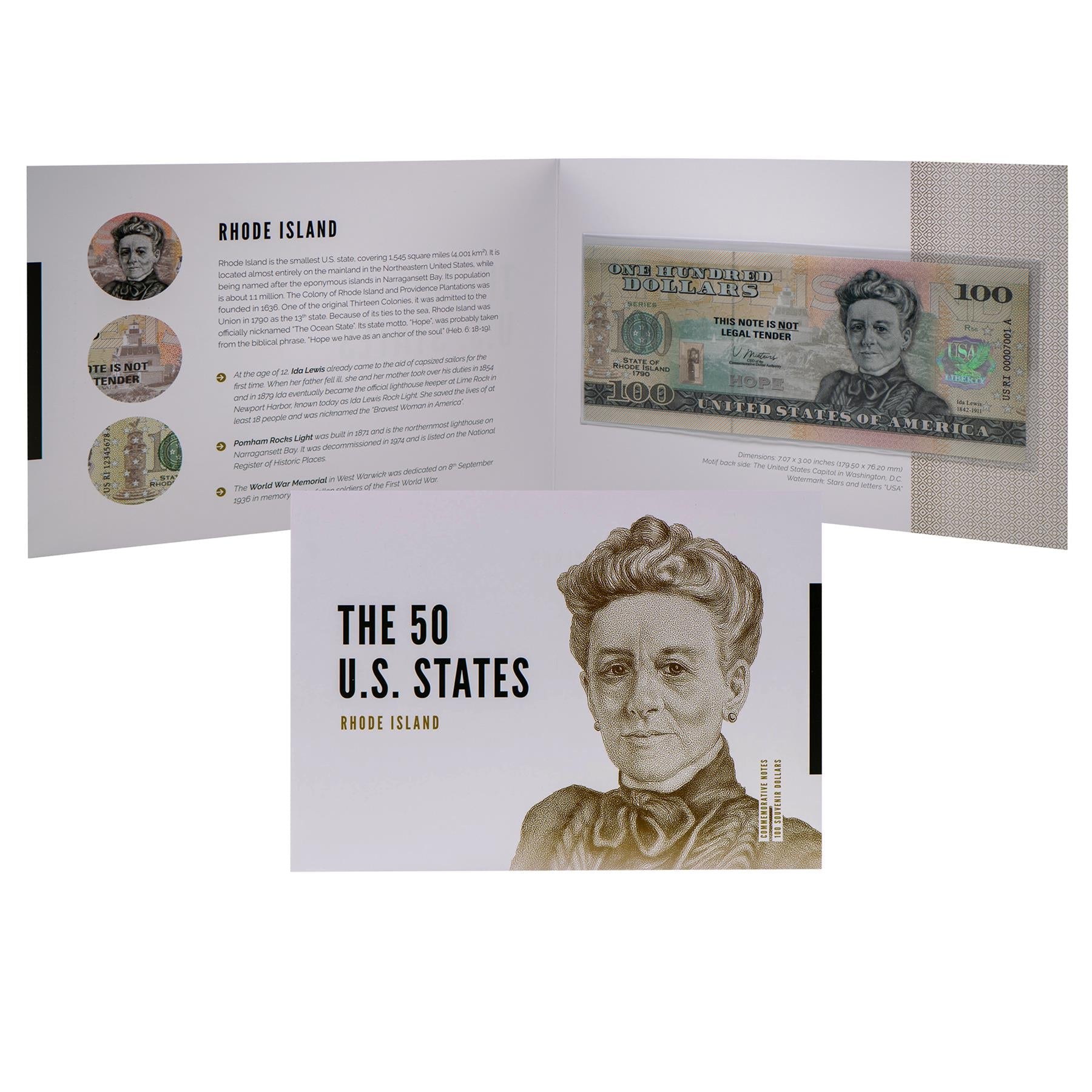 USA 100 Dollar Note | Rhode Island Commemorative Souvenir | Ida Lewis | Pomham Rocks Light | World War I Memorial | The 50 U.S. States Edition