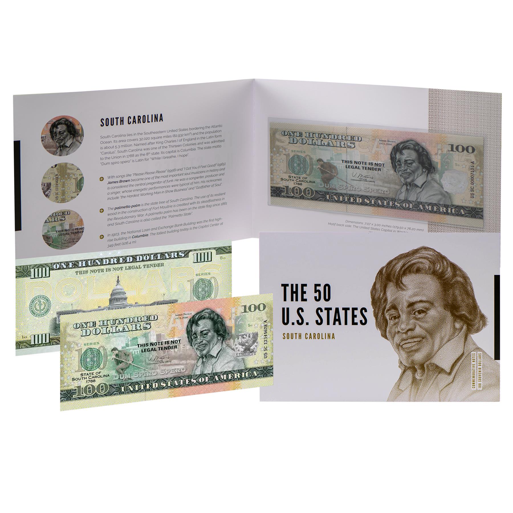 USA 100 Dollar Note | South Carolina Commemorative Souvenir | James Brown | Palmetto Palm Tree | Columbia Skyline | The 50 U.S. States Edition