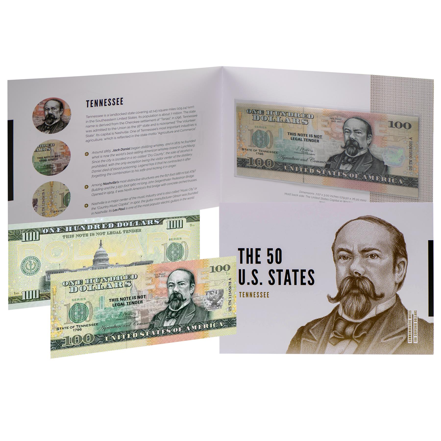 USA 100 Dollar Note | Tennessee Commemorative Souvenir | Jack Daniel | John Seigenthaler Pedestrian Bridge | Gibson Les Paul Guitar | The 50 U.S. States Edition