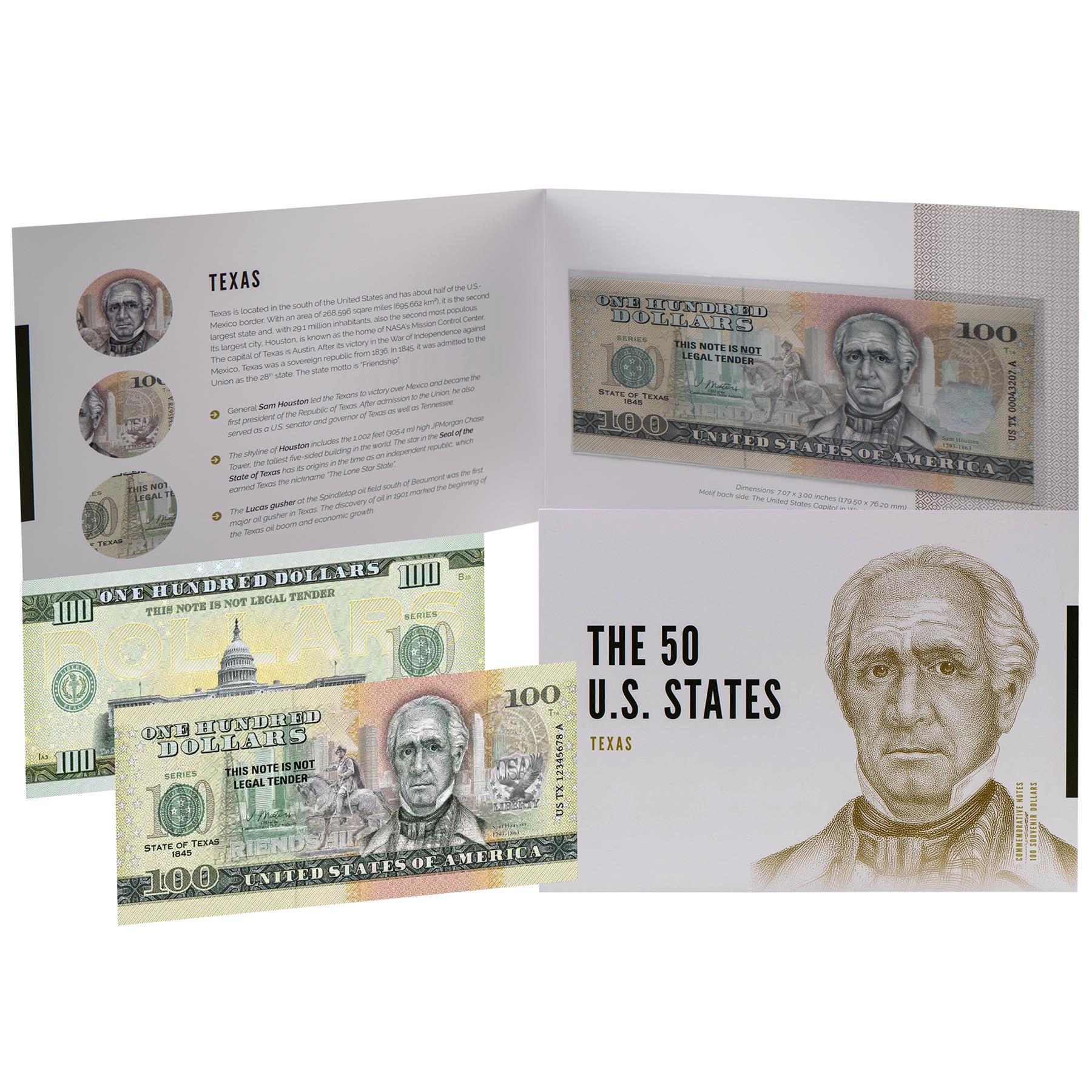 USA 100 Dollar Note | Texas Commemorative Souvenir | Sam Houston | Houston Skyline | Spindletop Oil Field | The 50 U.S. States Edition