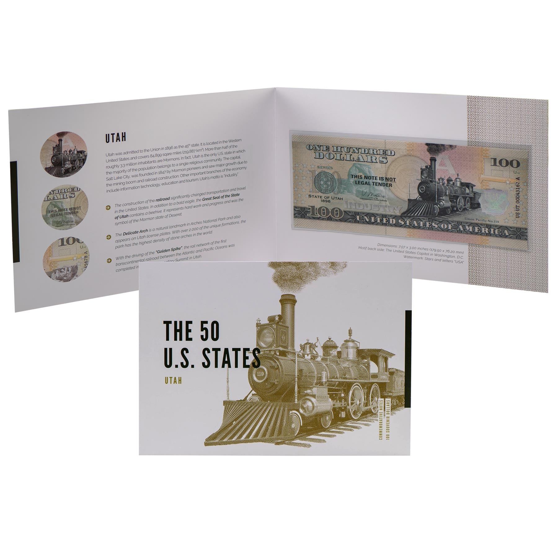 USA 100 Dollar Note | Utah Commemorative Souvenir | The Beehive State | Transcontinental Railroad | Delicate Arch | Golden Spike | The 50 U.S. States Edition