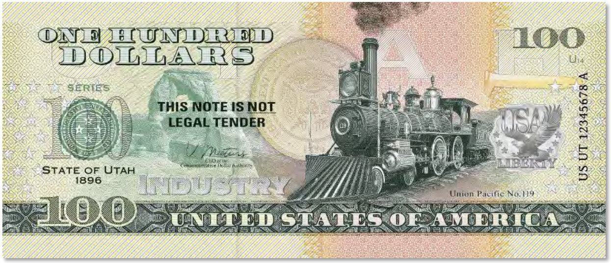 USA 100 Dollar Note | Utah Commemorative Souvenir | The Beehive State | Transcontinental Railroad | Delicate Arch | Golden Spike | The 50 U.S. States Edition