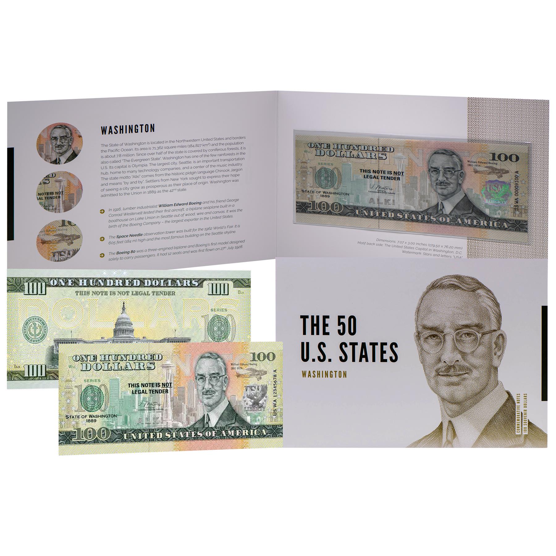 USA 100 Dollar Note | Washington Commemorative Souvenir | William Edward Boeing | Space Needle | The Evergreen State | The 50 U.S. States Edition