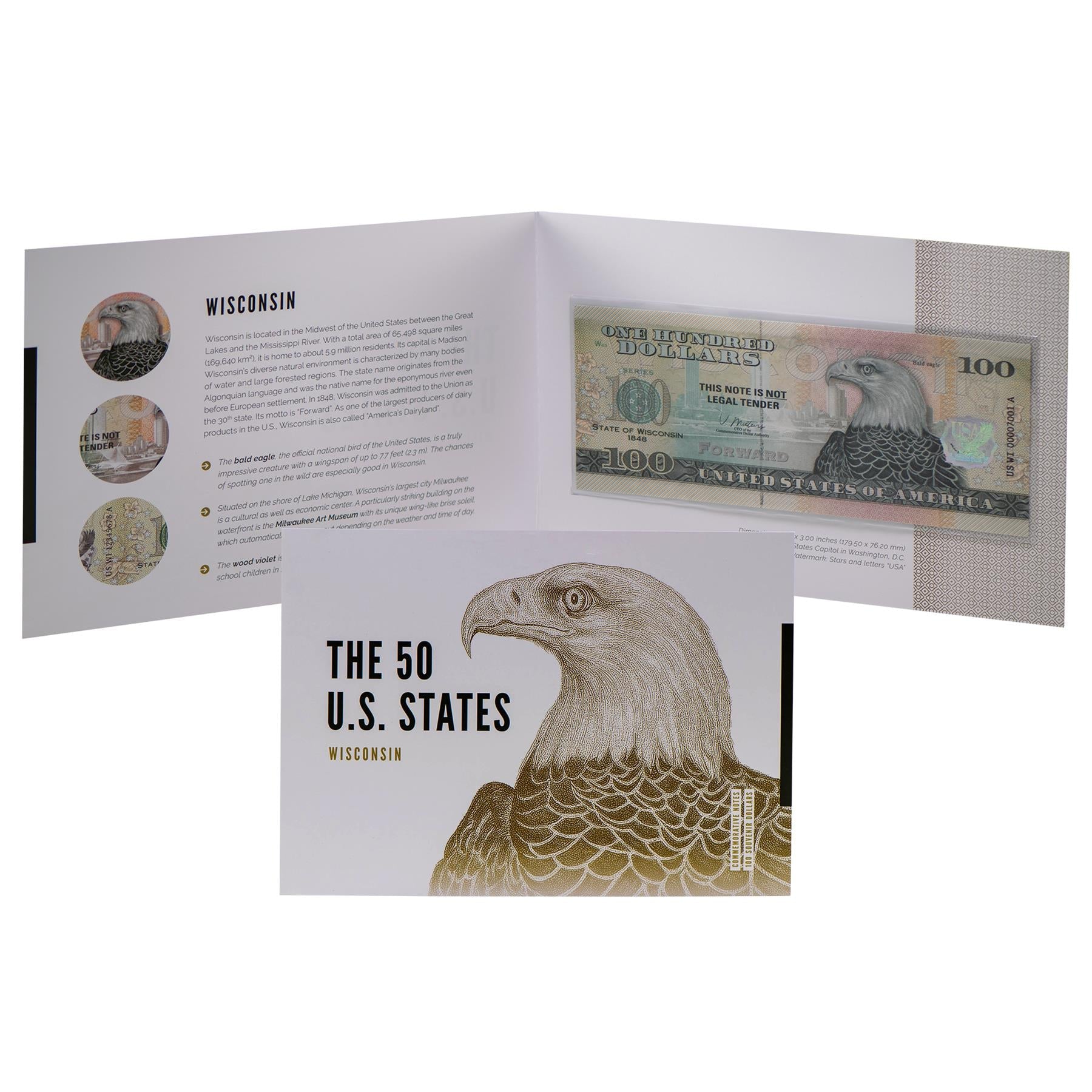 USA 100 Dollar Note | Wisconsin Commemorative Souvenir | Bald Eagle | Milwaukee Skyline | Wood Violet | The 50 U.S. States Edition