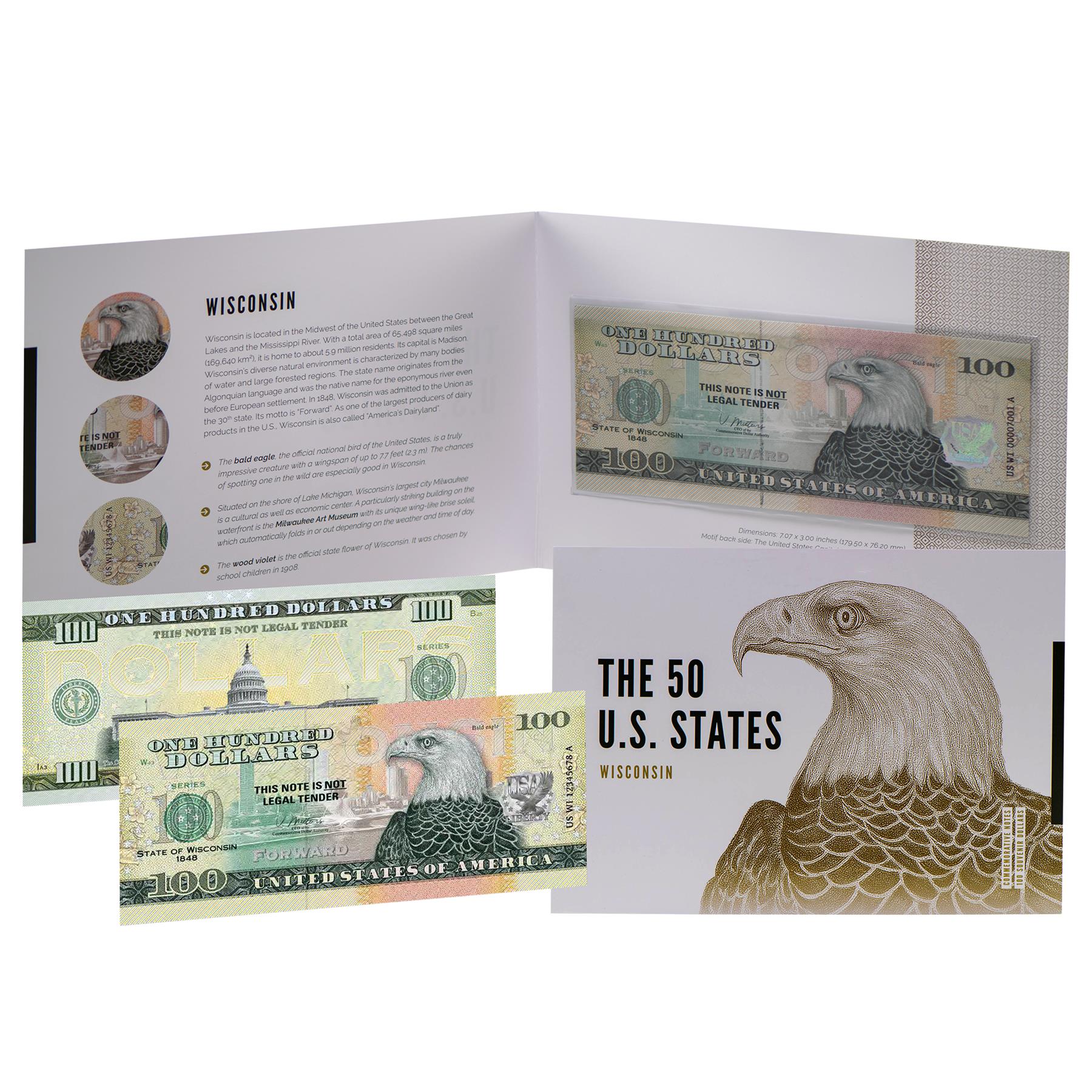 USA 100 Dollar Note | Wisconsin Commemorative Souvenir | Bald Eagle | Milwaukee Skyline | Wood Violet | The 50 U.S. States Edition