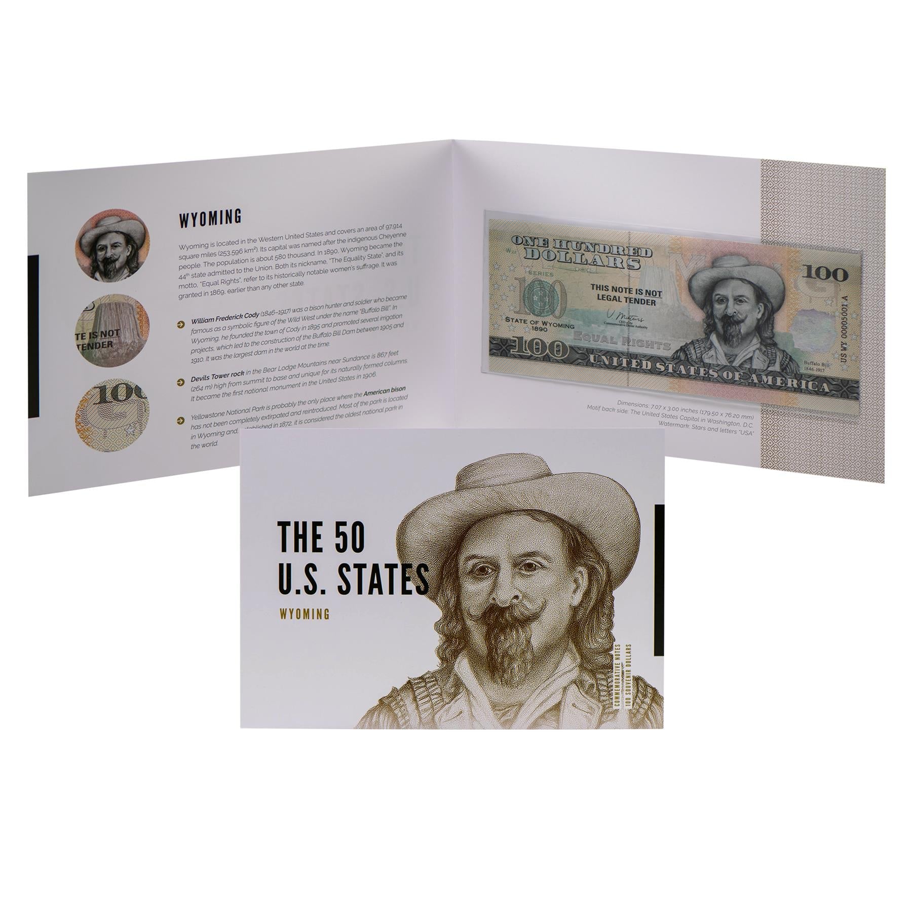 USA 100 Dollar Note | Wyoming Commemorative Souvenir | Buffalo Bill | Devils Tower | Bison | The 50 U.S. States Edition