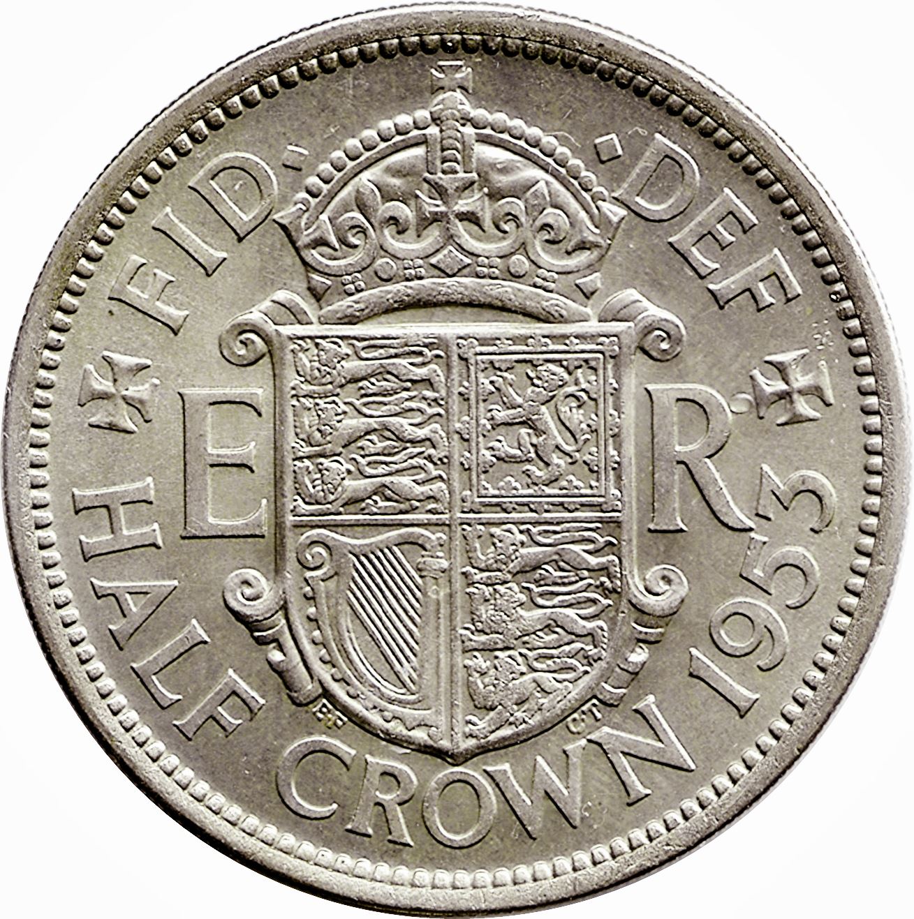 United Kingdom 1/2 Crown Coin | Britain | Queen Elizabeth II 1st portrait | with 'BRITT:OMN' | 1953