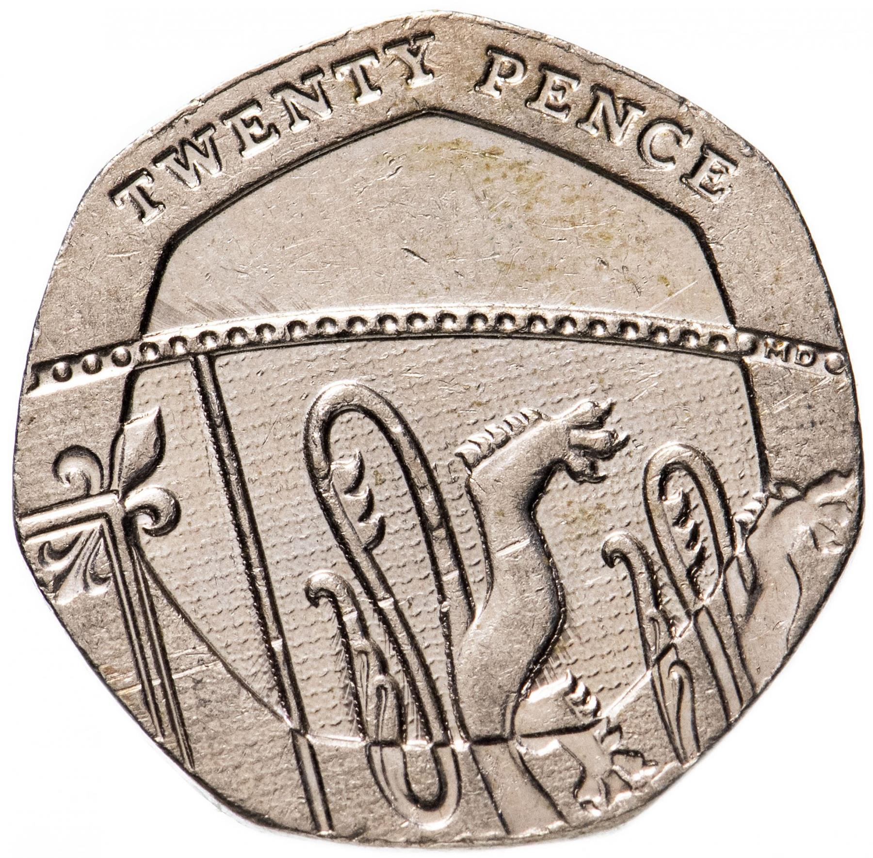 United Kingdom Coin 20 Pence | Elizabeth II 5th portrait | Royal Shield | 2015 - 2021