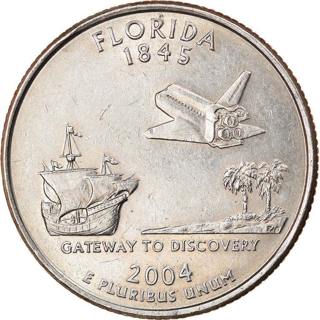 United States Coin American ¼ Dollar | George Washington | Florida | Ship | Spanish Galleon | Cabbage palmettos | Space Shuttle | KM356 | 2004